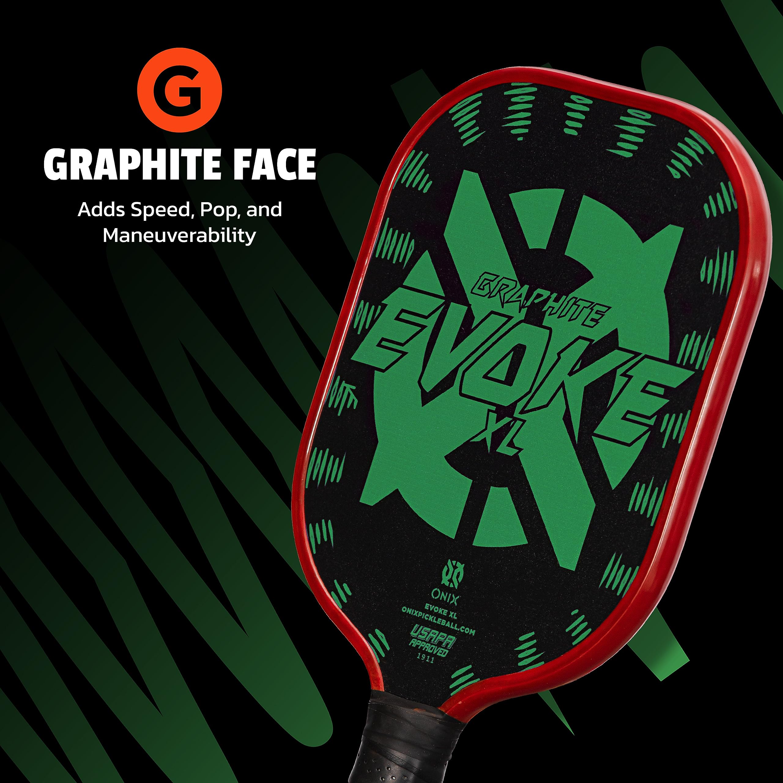 Evoke XL Onix Graphite Pickleball Paddle Features Polypropylene Core, Graphite Face, and Oversized Shape, Green
