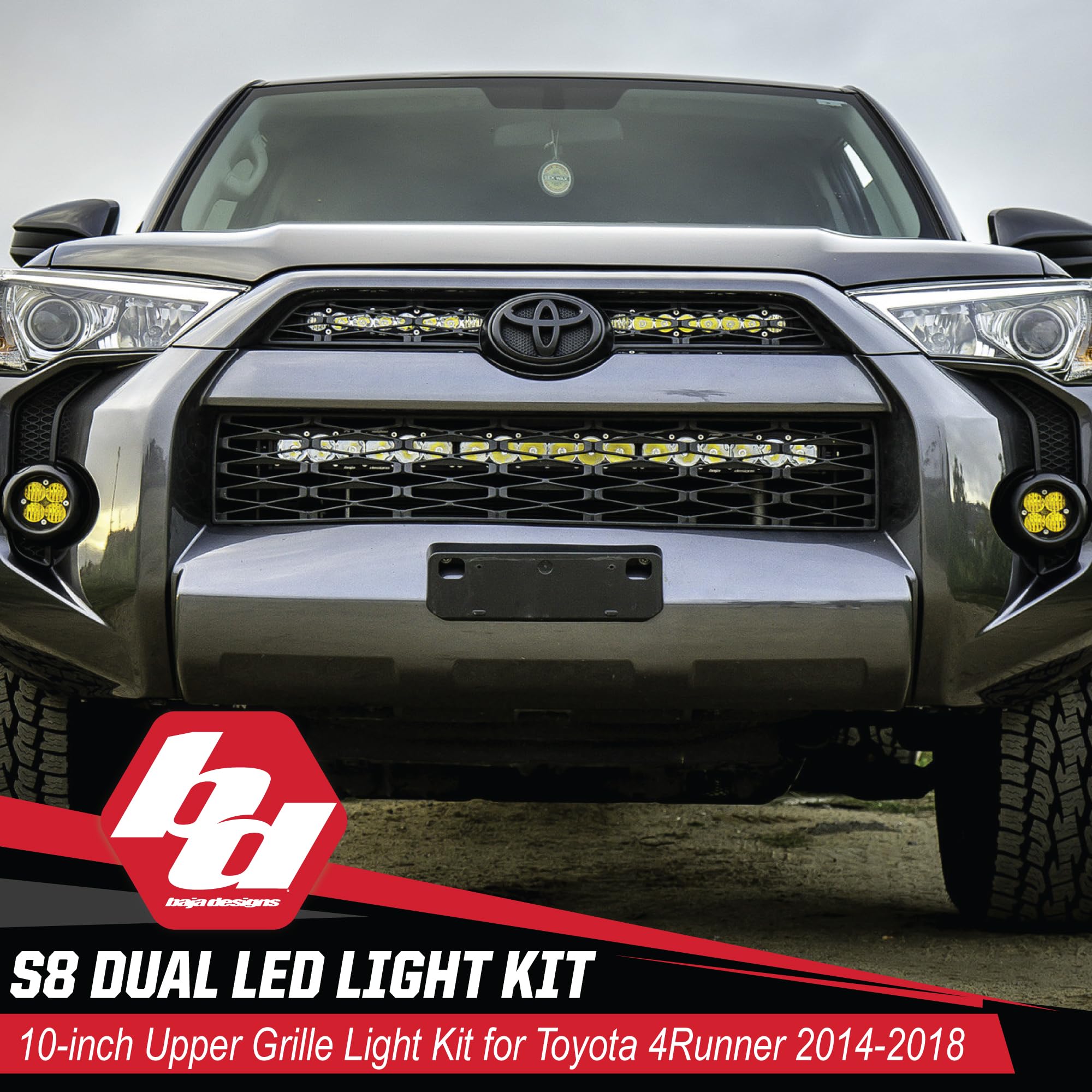 S8 Baja Designs Dual 10-inch LED Bar Upper Grille Light Kit for Toyota 4Runner 2014-18 SUV (Driving/Combo; Clear)