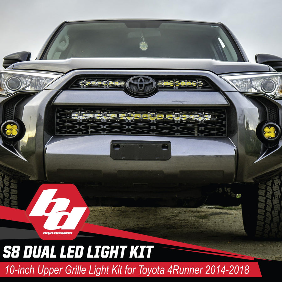 S8 Baja Designs Dual 10-inch LED Bar Upper Grille Light Kit for Toyota 4Runner 2014-18 SUV (Driving/Combo; Clear)