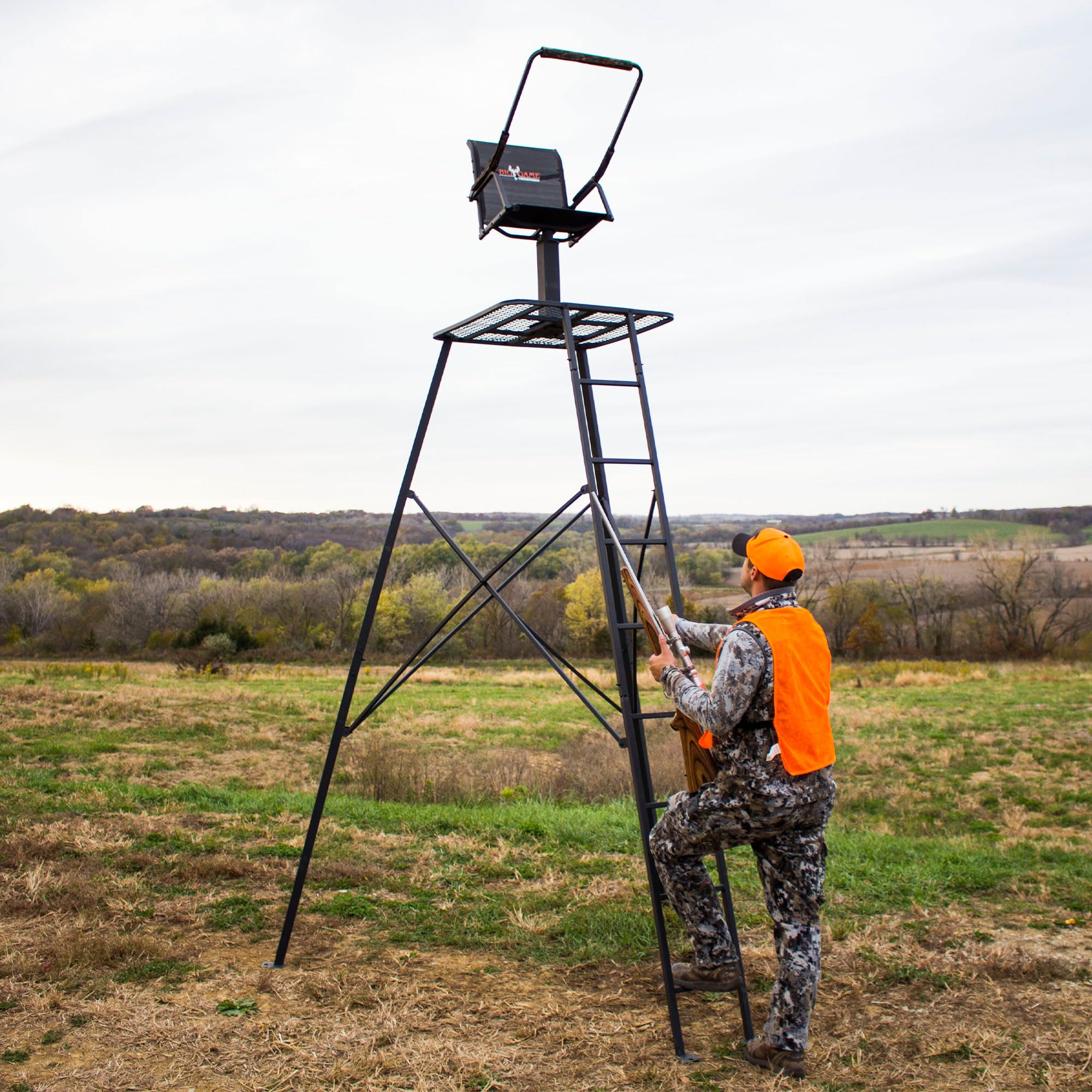 The Defender Big Game Tripod Stand, 1 Person Deer Hunting Climbing Ladder with Rotating Flex-Tek Seat and Shooting Rail, 12.5'