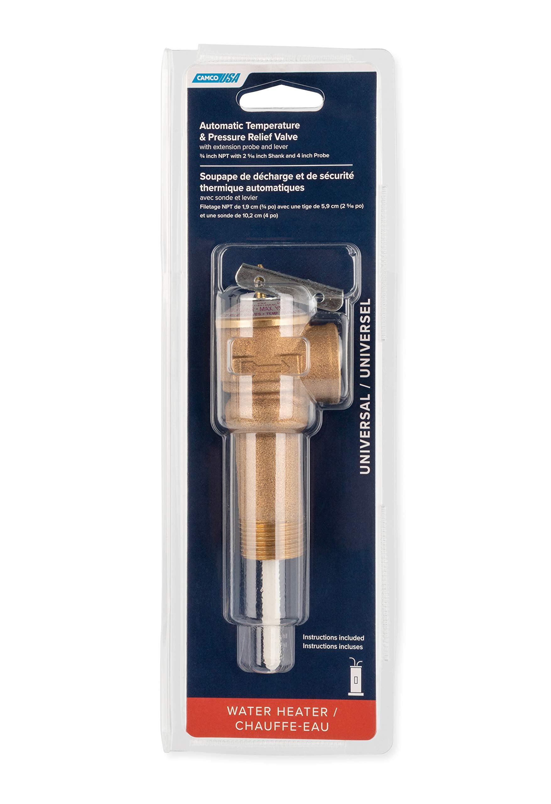 3/4" Camco Temperature and Pressure Relief Valve with 4" Epoxy-Coated Probe - Extended Shank 10493