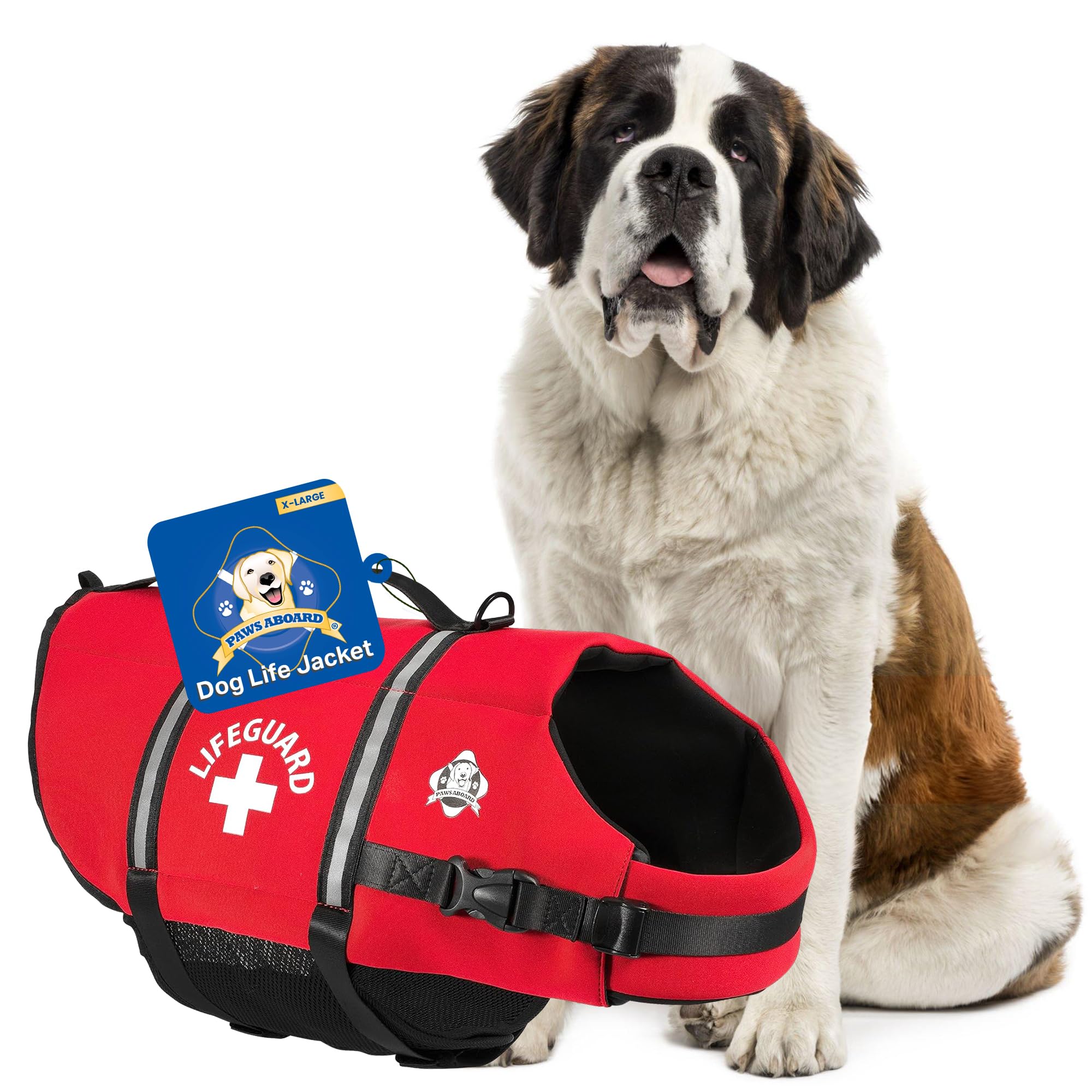 Dog Life Jacket Paws Aboard - Swimming Vest for Dogs, Adjustable, Reflective, Comfortable, Multiple Colors, Patterns, XX-Small to Extra Large Dog Swim Vest with Handle (Red, X-Large)