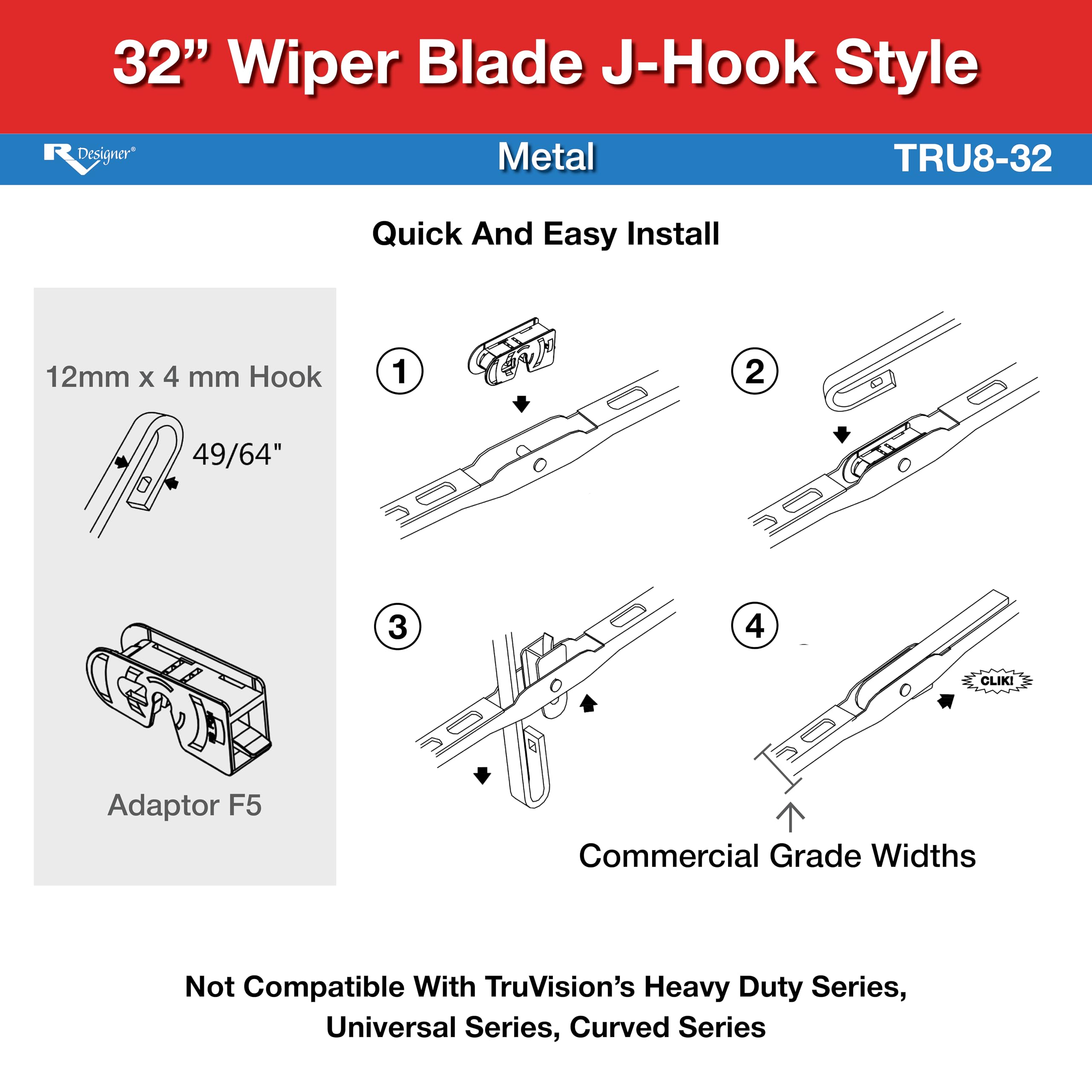 TRU8-32 RV Designer J-Hook Metal Wiper Blade - 32"
