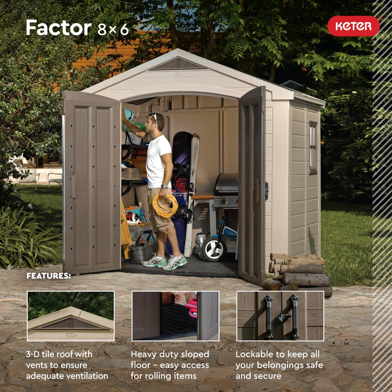 Keter Large Factor (8x6 ft) Resin Outdoor Storage Shed for Patio Furniture, Lawn Mower, Garden Accessories Yard Tools, and Pool Toys, Taupe