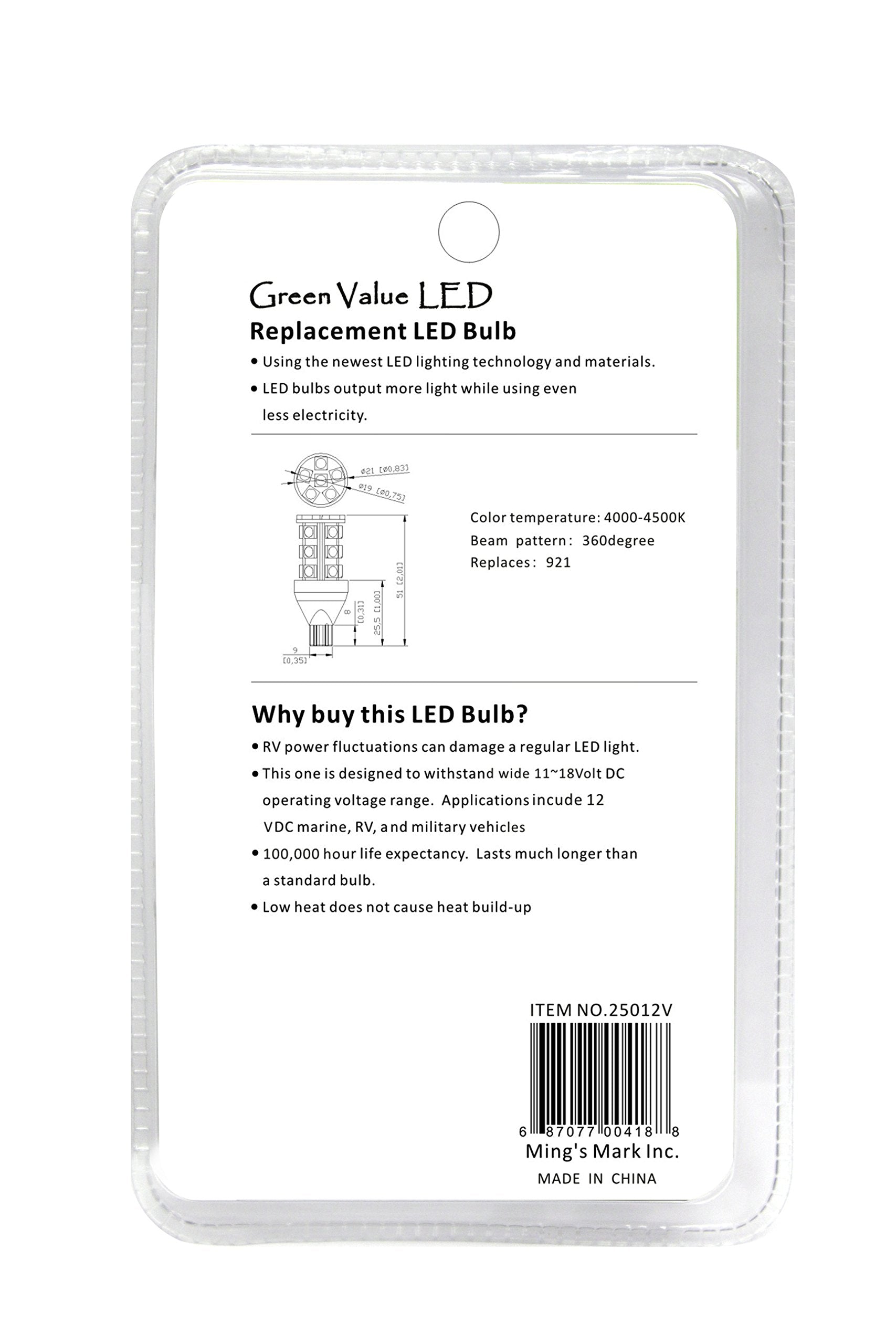 921 Base Ming's Mark 25012V LED Bulb - Natural White, Pack of 6