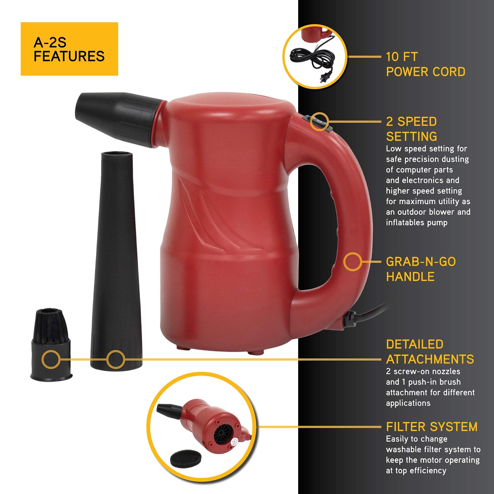 Cyber Duster XPOWER A-2S Electric Air Duster for Dusting, Drying, Inflating, Blowing, Car Detailing, Computer, Leaf Blowing, 90 CFM, 2 Nozzles + 1 Brush, High Performance Motor, Eco-Friendly, Red