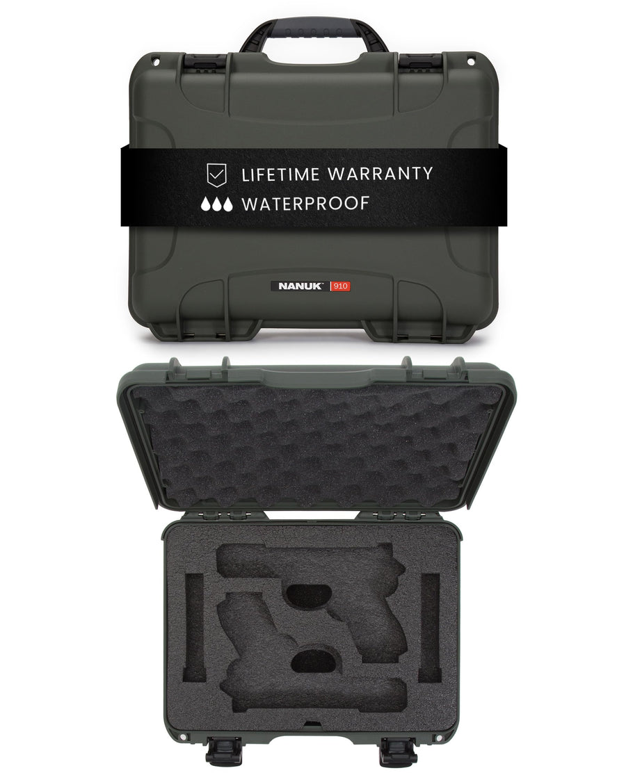 NANUK 910 Hard Case with Custom Foam Insert 2 UP for Glock, IP67 Waterproof & Crushproof, Rugged Construction for Ultimate Protection, Made in North America – Olive (14.3” x 11.1” x 4.7”)