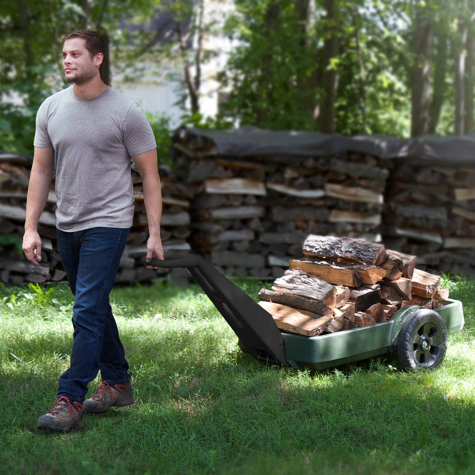 Simplay3 Outdoor Cart Yard and Garden - Long Handle Easy Turn 2 Wheel Heavy Duty Plastic Pull Cart for The Backyard 42 in. x 20 in. x 4 in. Bed, Green