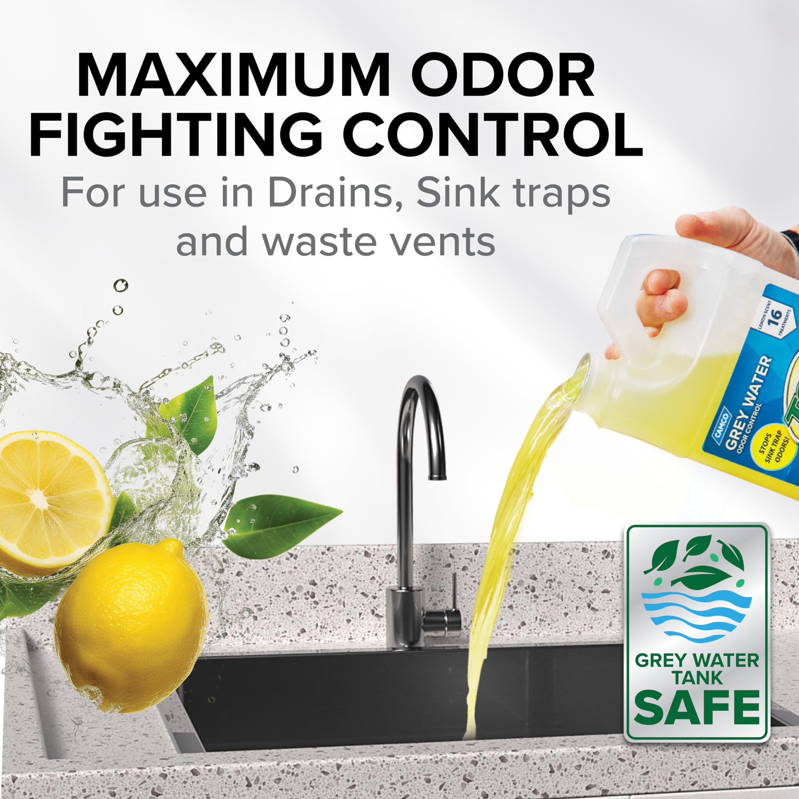 Camco TST Grey Water Odor Control Camper/RV - Removes Grease Buildup in Gray Water Tank, Sink & Shower Drains - 4oz Treats 40-Gal Holding Tank - Safe Septic Tank Treatment - Lemon, 64 oz (40256)