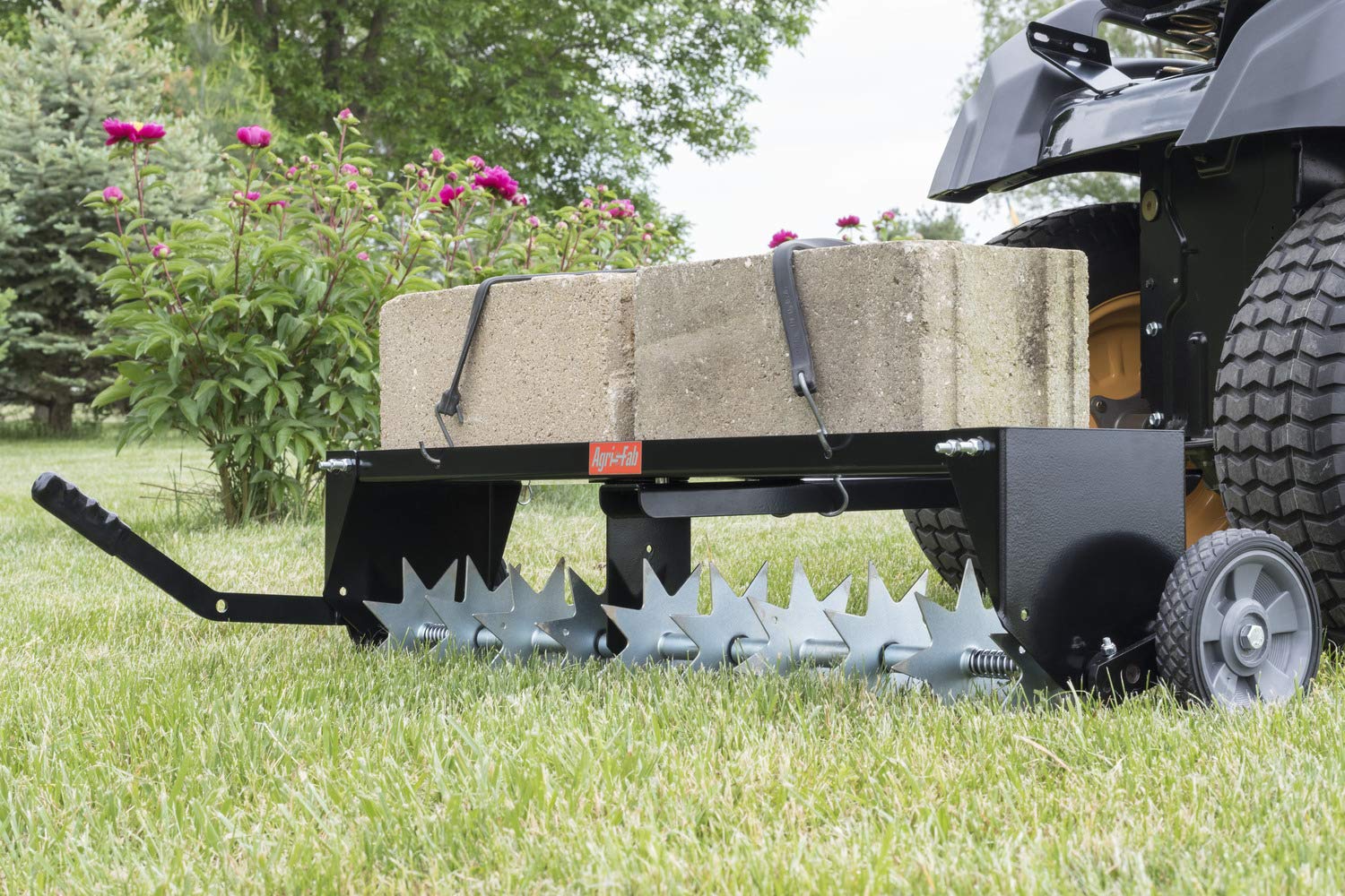 40 inch Agri-Fab Tow Behind Spike Aerator for Aerating Lawns; 10 Galvanized Steel Spike Disks, Universal Hitch, Black