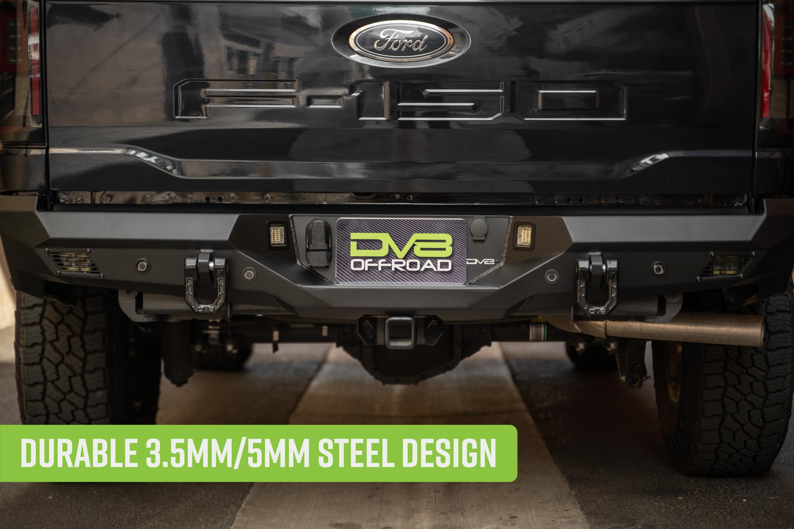 Rear Bumper DV8 Offroad Spec Series for 2021-2025 Ford F-150 | Full-Width Design | (2) 3" Pod Light Mounts | Pair of 1" D-Ring Mounts | Micro-Texture Black Powder Coat Finish | Steel Construction