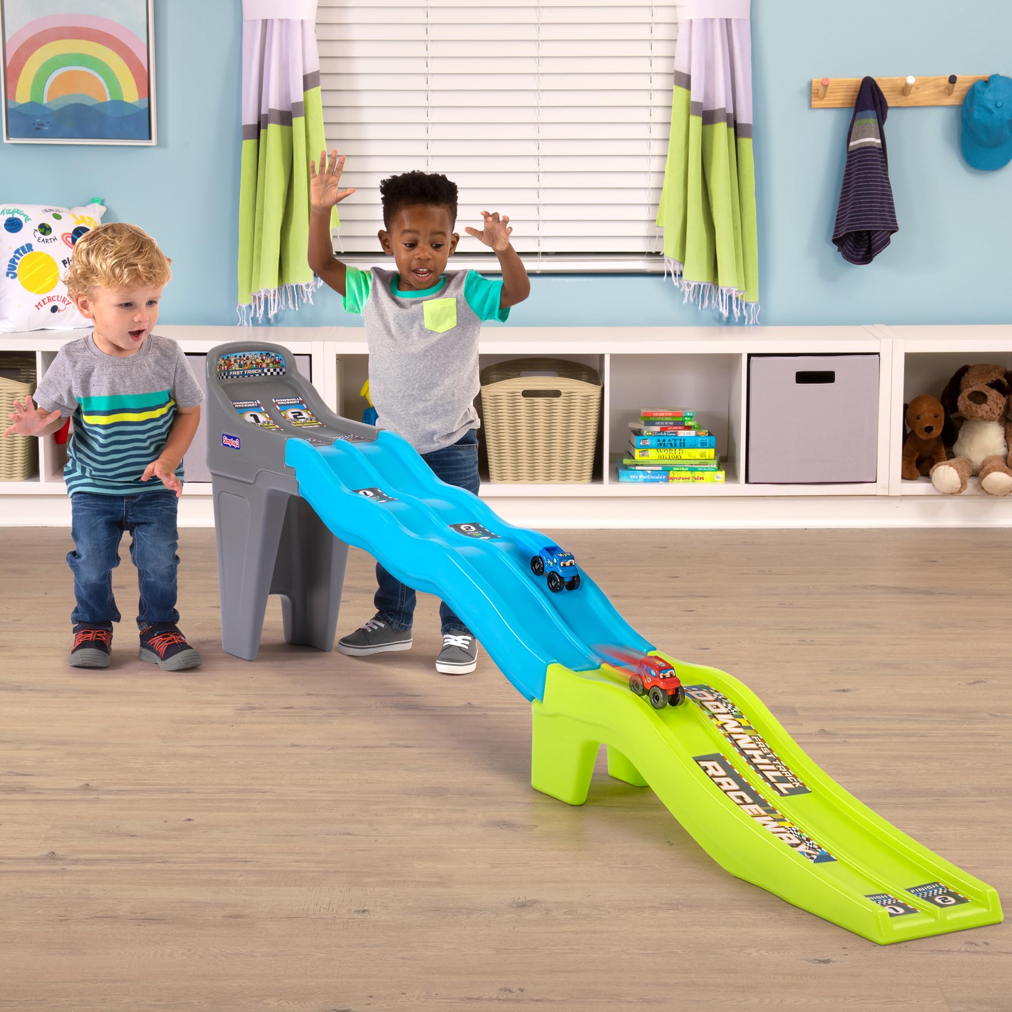 Simplay3 Downhill Raceway Fast Track, Dual Racetrack for Kids Cars for Toddlers, 2 Toy Race Cars Included, Made in USA