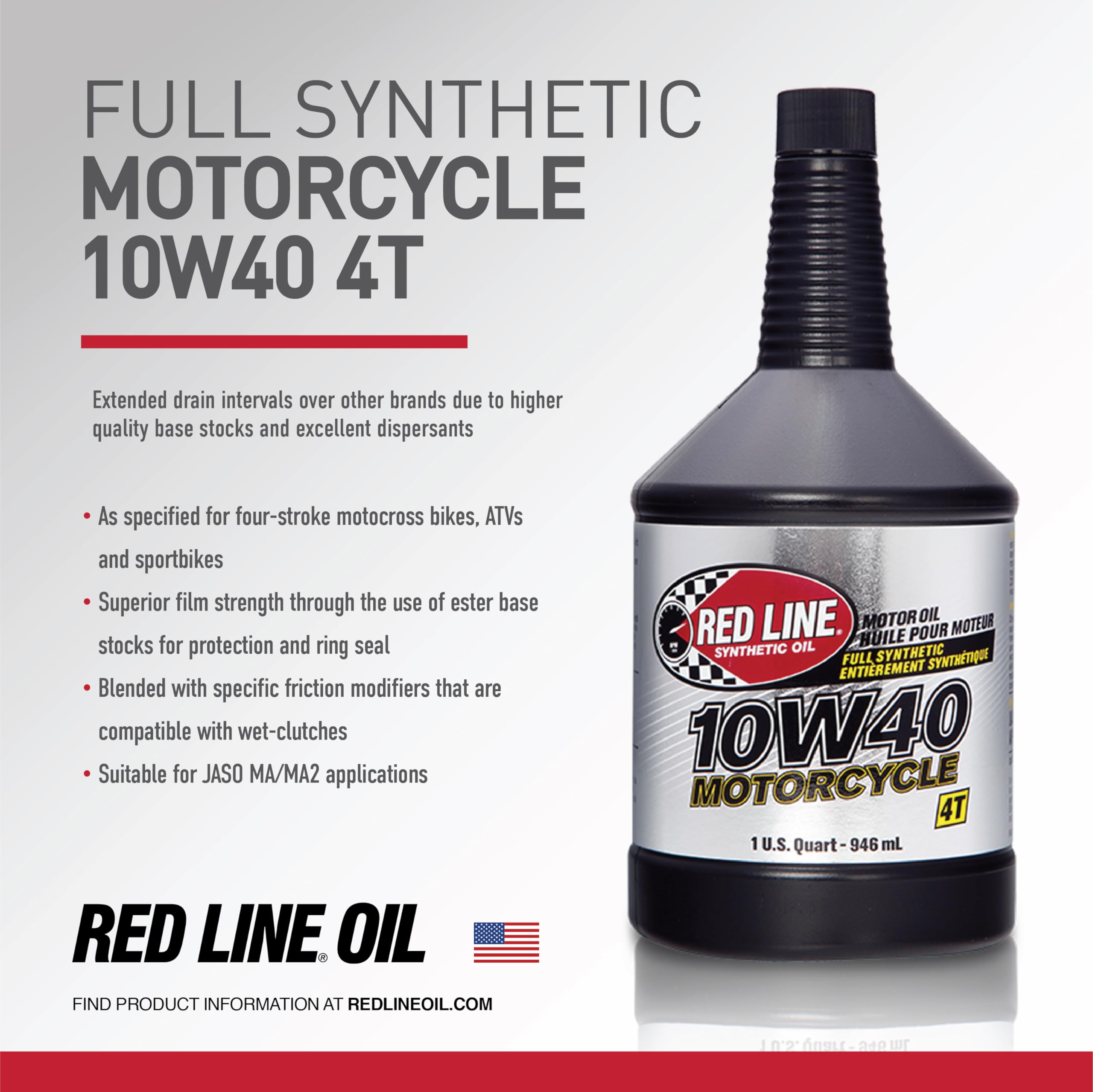 10W40 Red Line Synthetic Motorcycle Motor Oil - 1 Quart