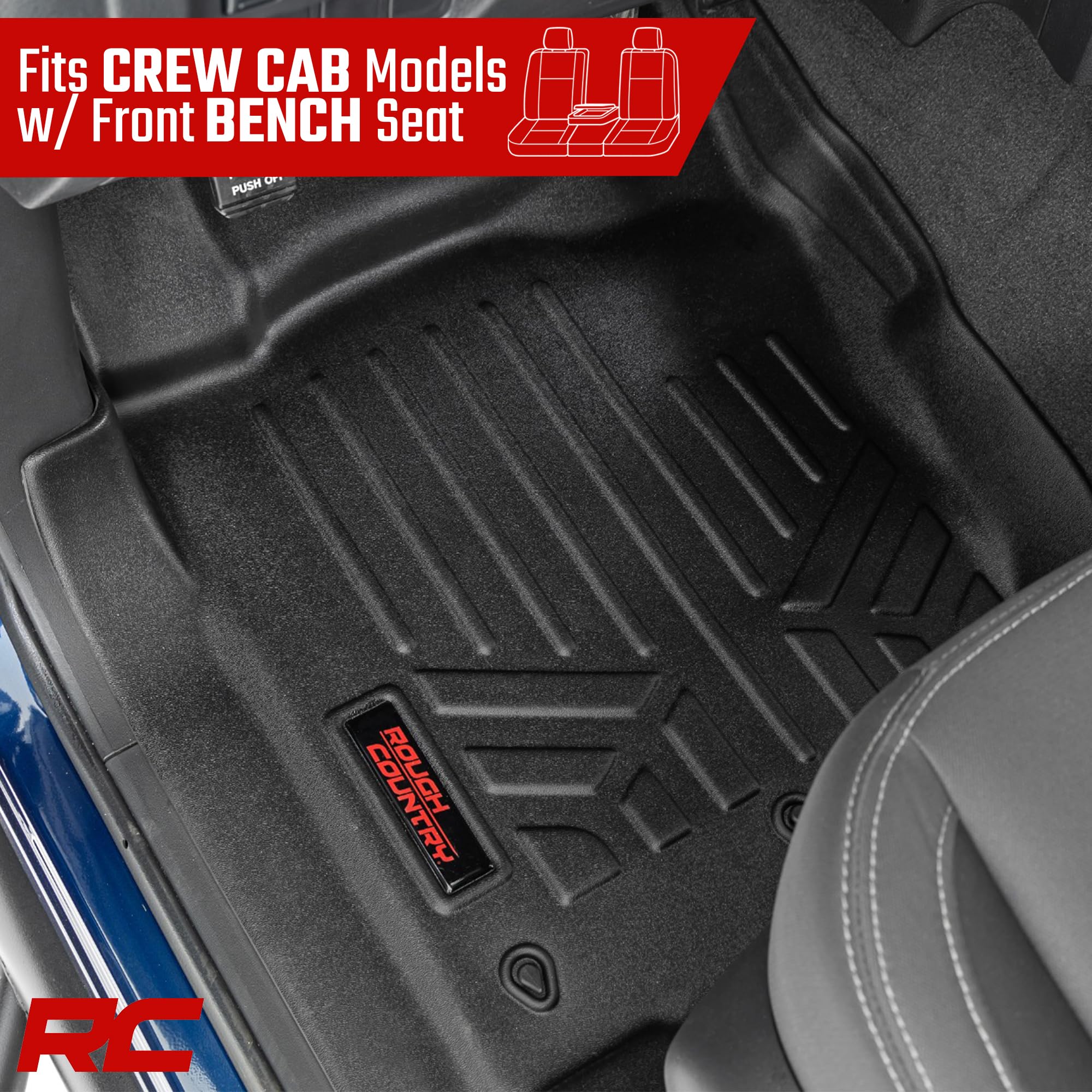 Rough Country Floor Armor Front & Rear Floor Mats for Titan Nissan (2017–2024) & Titan XD (2016–2024) Crew Cab w/Front Bench Seats - All-Weather Protection, Spill Saver Lip