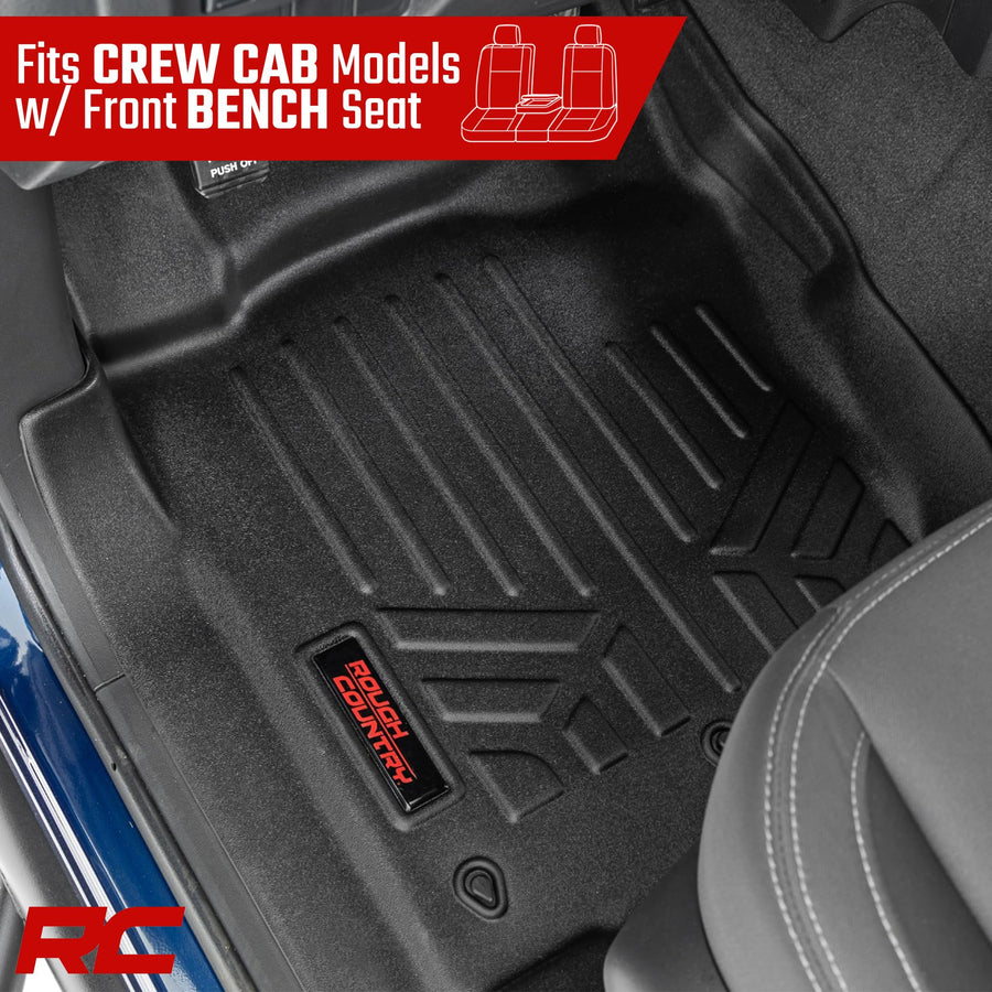 Rough Country Floor Armor Front & Rear Floor Mats for Titan Nissan (2017–2024) & Titan XD (2016–2024) Crew Cab w/Front Bench Seats - All-Weather Protection, Spill Saver Lip