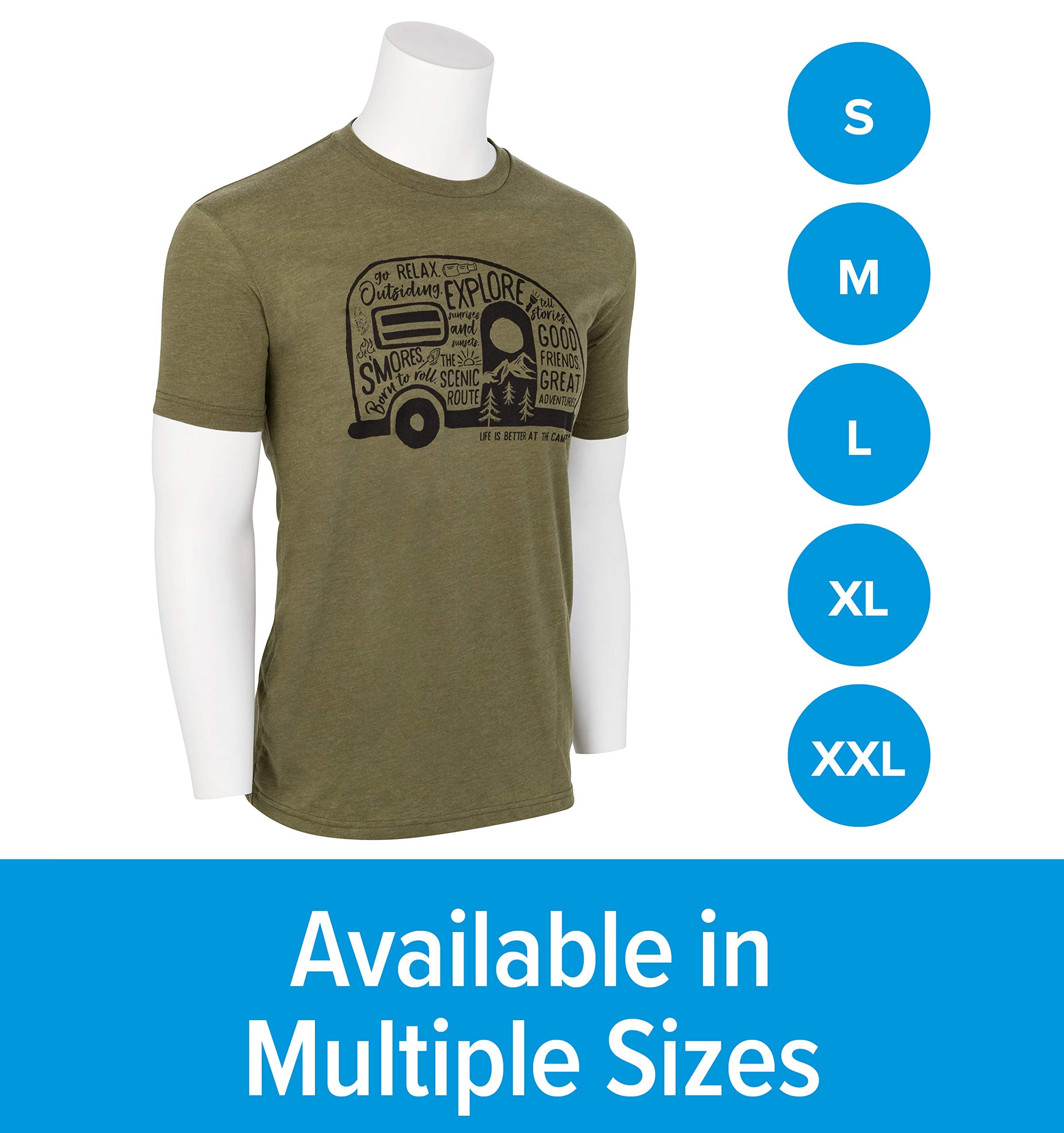 Camco Crew Neck Life is Better at The Campsite Short Sleeve T-Shirt | Features Soft Ring-Spun Cotton Fabric, Graffiti RV Design on Olive, and is Machine Washable | X-Large (53343)