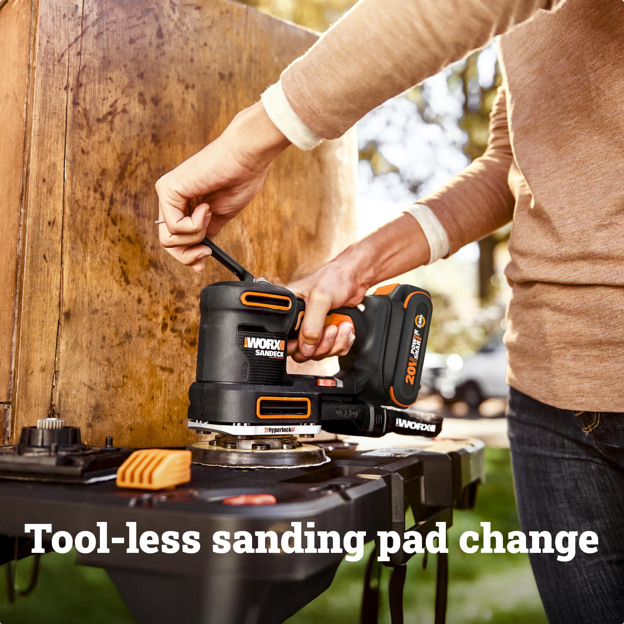 WORX 20V Cordless Sander, 10,000 orbits/minute Electric Sander, 5-in-1 Functions, Tool-less Sanding Pad Change, 20 V 2.0 Ah Battery and Charger Included, PowerShare
