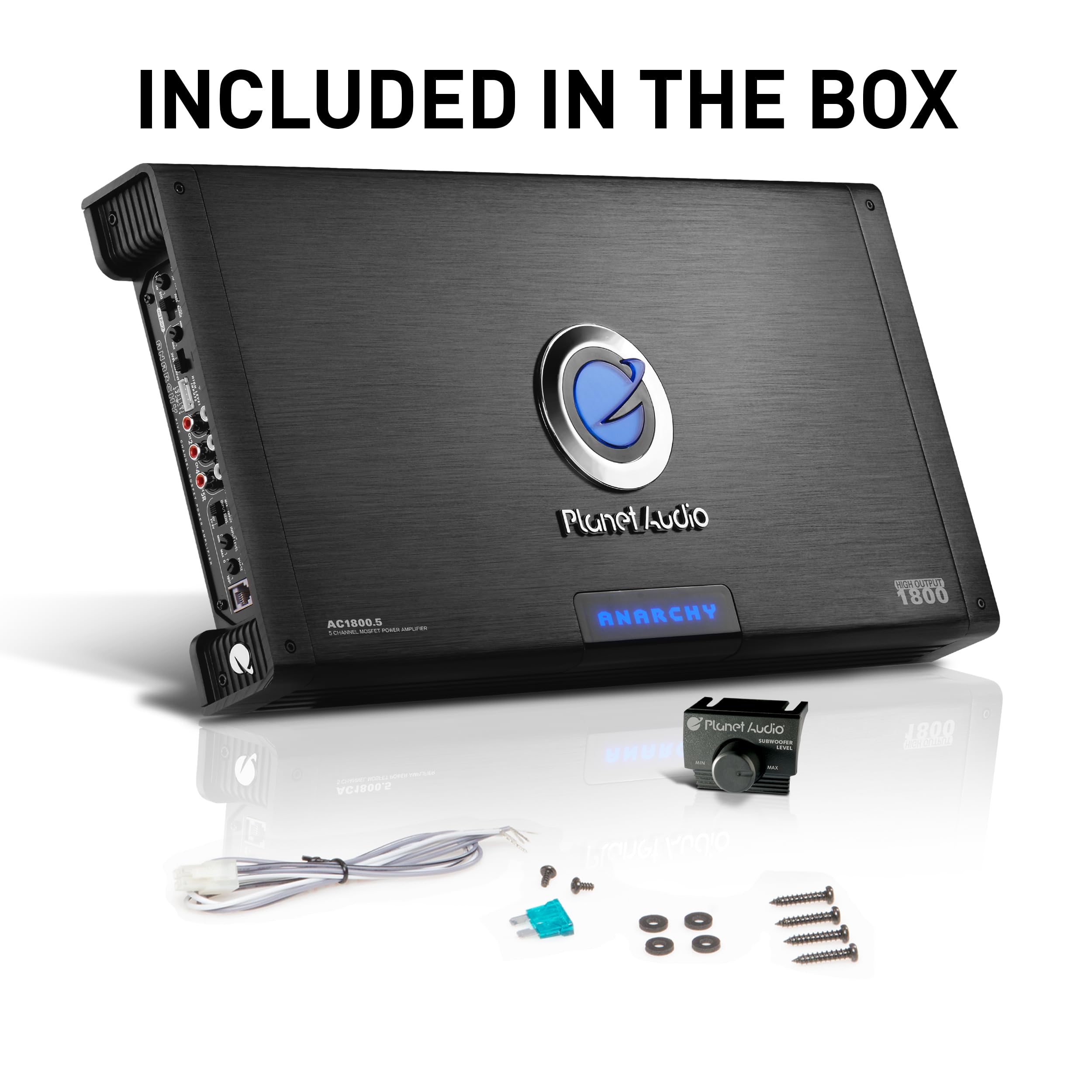 Planet Audio 5 Channel AC1800.5 Car Amplifier - 1800 High Output, High/Low Level Inputs, High/Low Pass Crossover, Full Range, Bass for Subwoofer