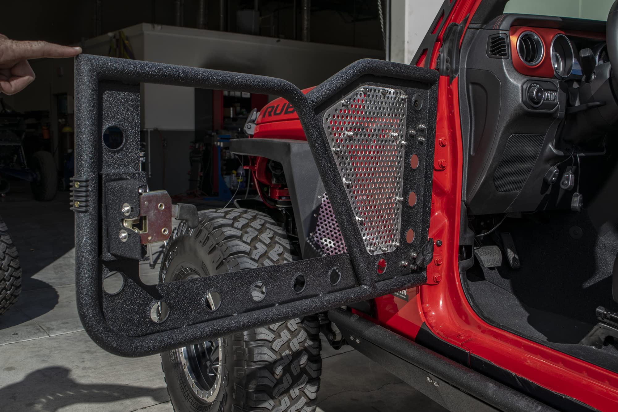 Rock Doors for Wrangler JL & Gladiator JT | DV8 Offroad | RDJL-01F | Tubular Design | Anti Rattle Stopper | Aluminum Mesh Inserts | Trail Mirror Included | Black Textured Finish | Front Door Set