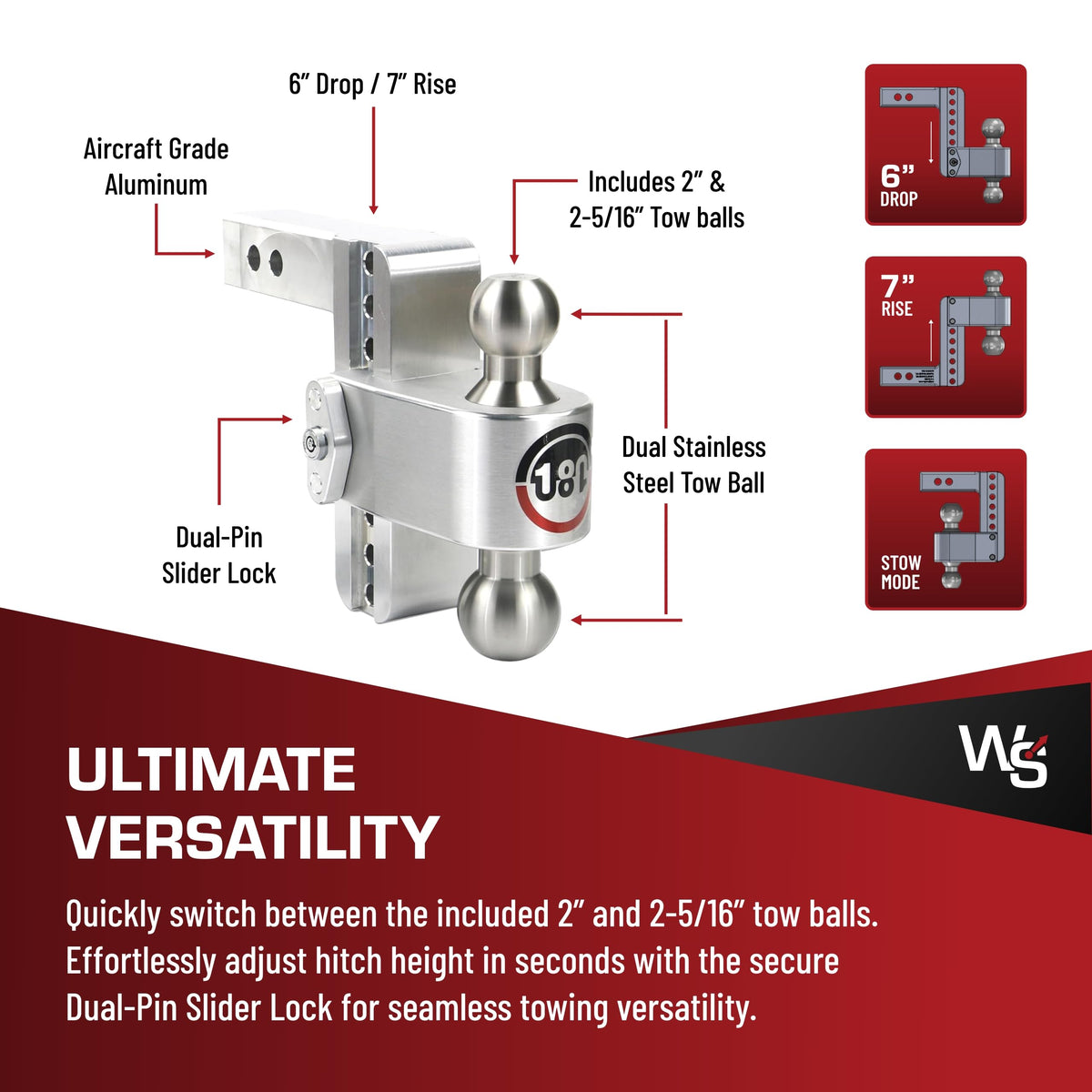 Weigh Safe Adjustable Trailer Hitch Ball Mount - 6" Hitch Adjustable Drop for 2" Receiver - Premium Heavy Duty Aluminum Trailer Tow Hitch w/ Stainless Steel Tow Balls (2" & 2 5/16") - 12,500 lbs GTW