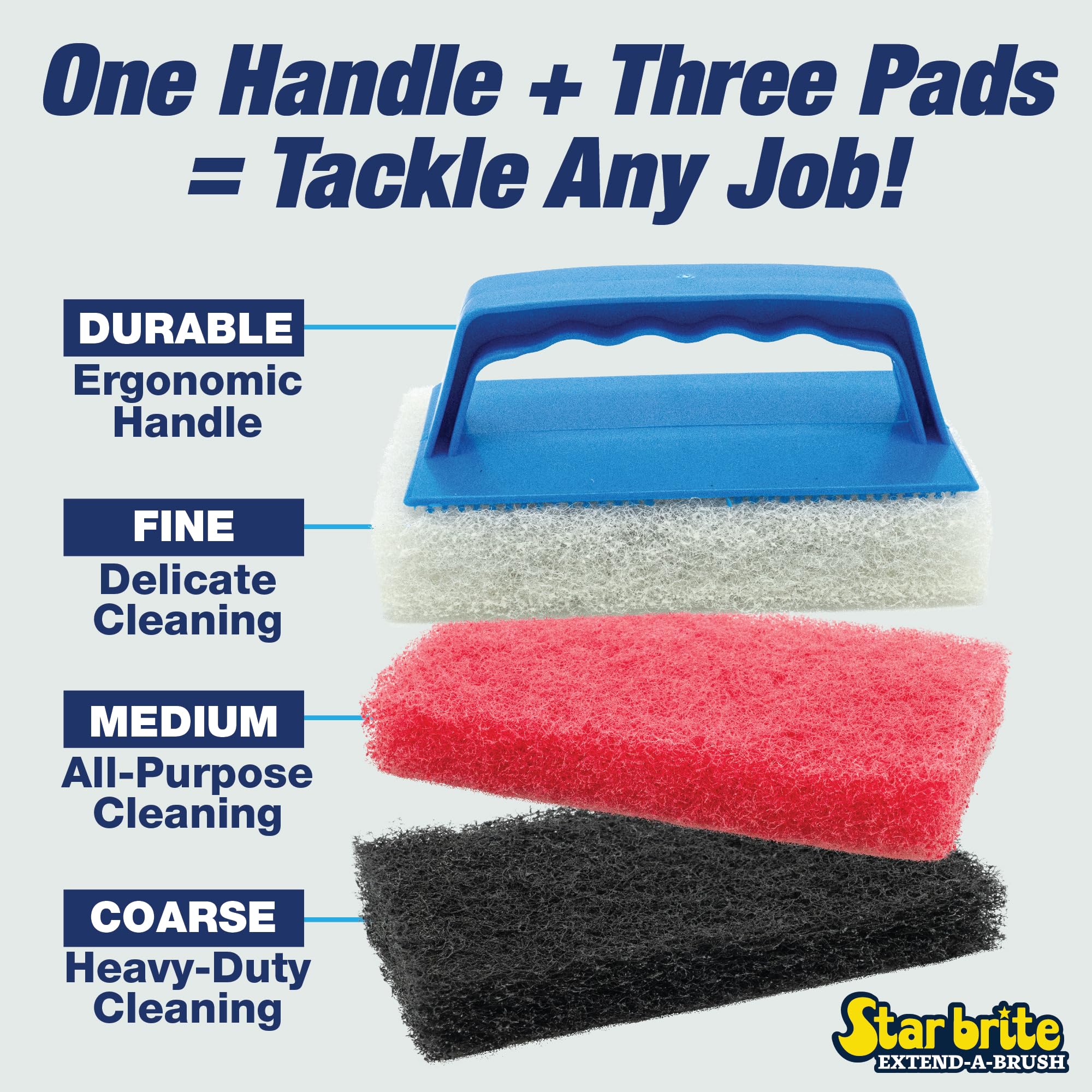 Scrub Pad Kit STAR BRITE - 3 Different Textured Scouring Pads & Interchangeable Handle (040023PW)