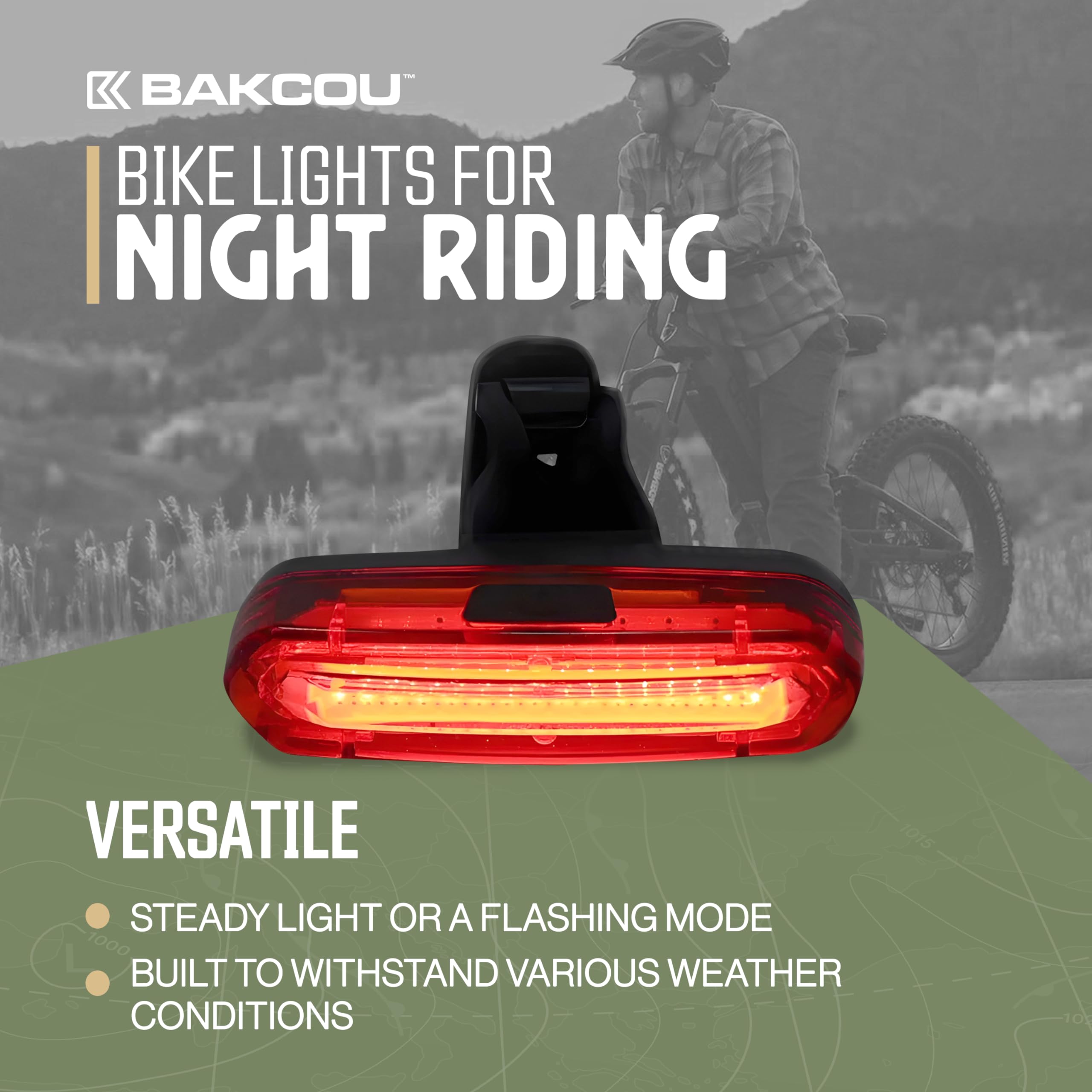 Rechargeable Bakcou Tail Light - 120 Lumens, 15-Hour Battery, Weatherproof, Stretchy Silicone Band, 4 Light Modes, Ultra-Bright LEDs