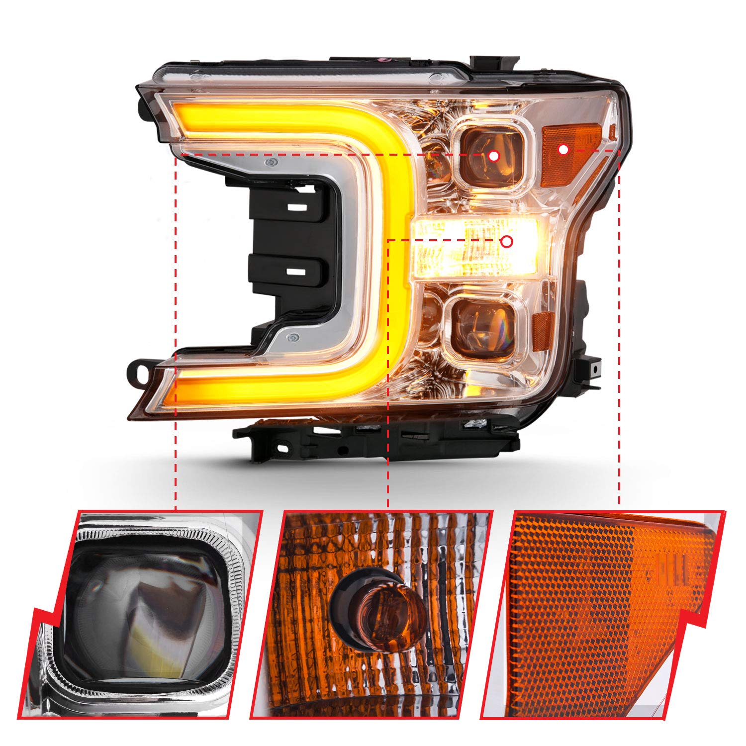 FORD F-150 ANZO USA 18-19 LED PROJECTOR PLANK STYLE SWITCHBACK HEADLIGHTS CHROME AMBER