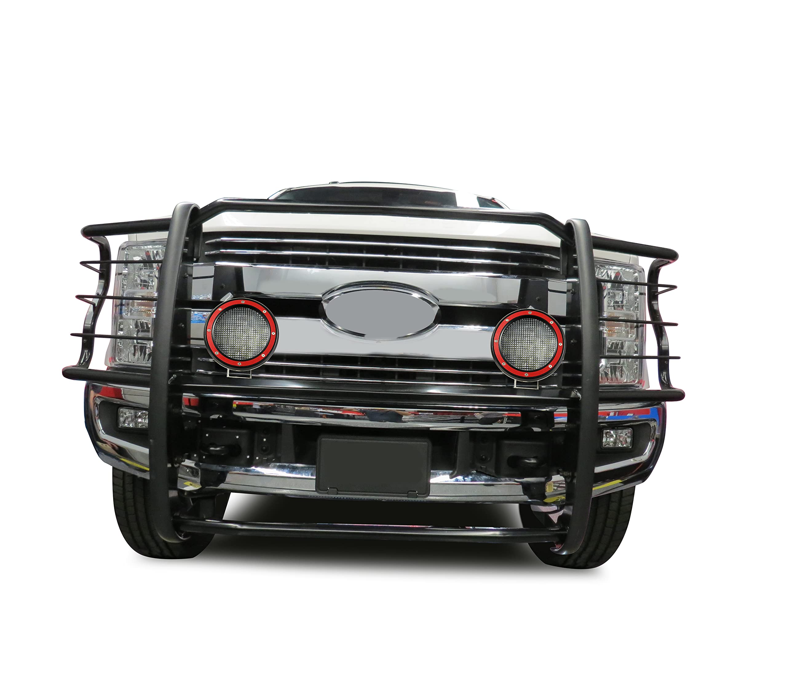 Bumper Guard Black Horse Grille brush Modular Come With Pair of 5.3"LED Lights with Red Trim Rings Compatible with 2017-2023 Ford F-250/Ford F-350/Ford F-450/Ford F-550 Super Duty-17FB28MA-PLFR