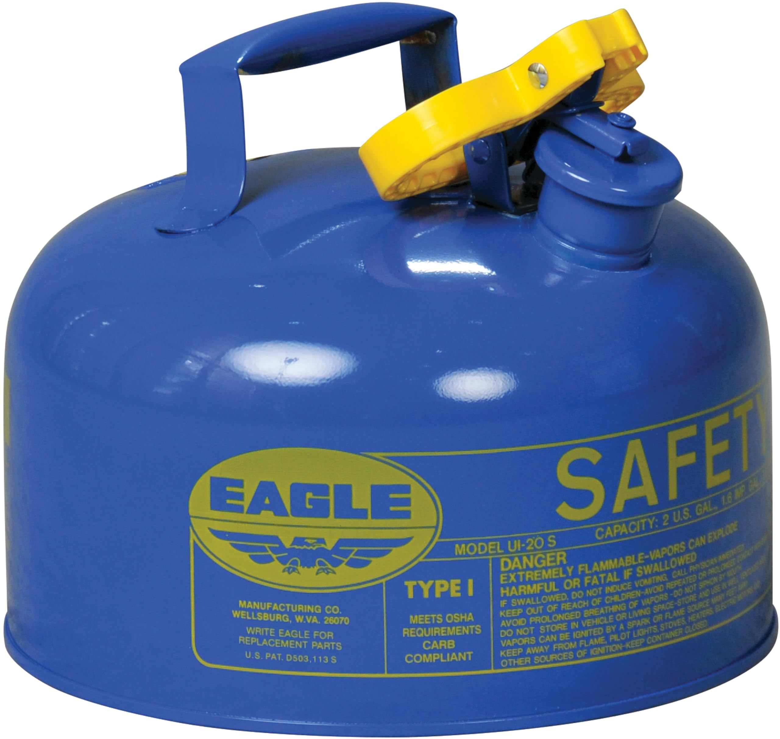 Eagle 2 Gallon Blue Type I Safety Gas Can for Kerosene with Flame Arrester and Self-Closing Lid, Made in the USA, Galvanized Steel Flammable Storage Can, UI20SB