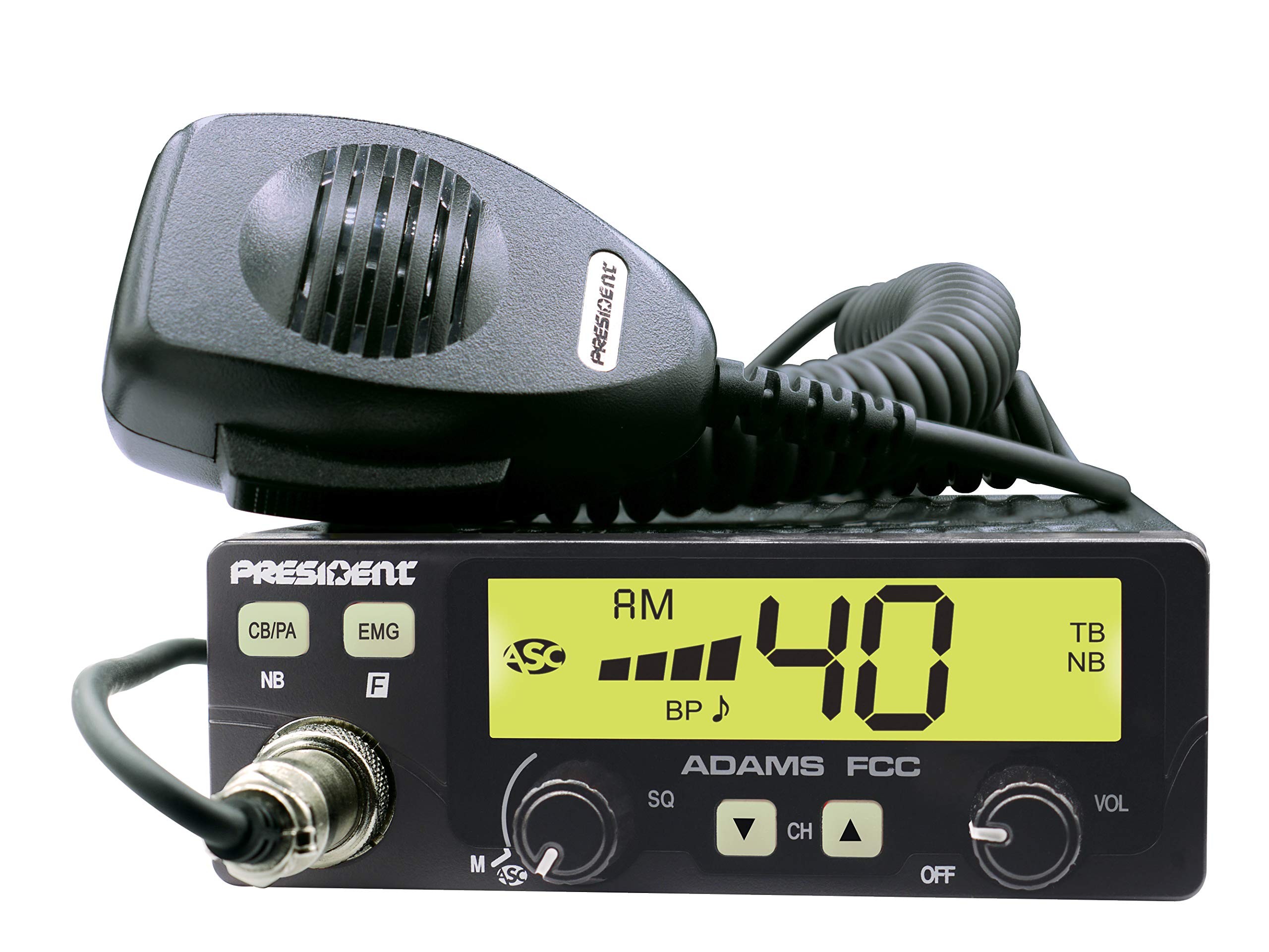 Adams President FCC CB Radio. Large LCD with 7 Colors, Programmable EMG Channel Shortcuts, Roger Beep and Key Beep, Electret or Dynamic Mic, ASC and Manual Squelch, Talkback