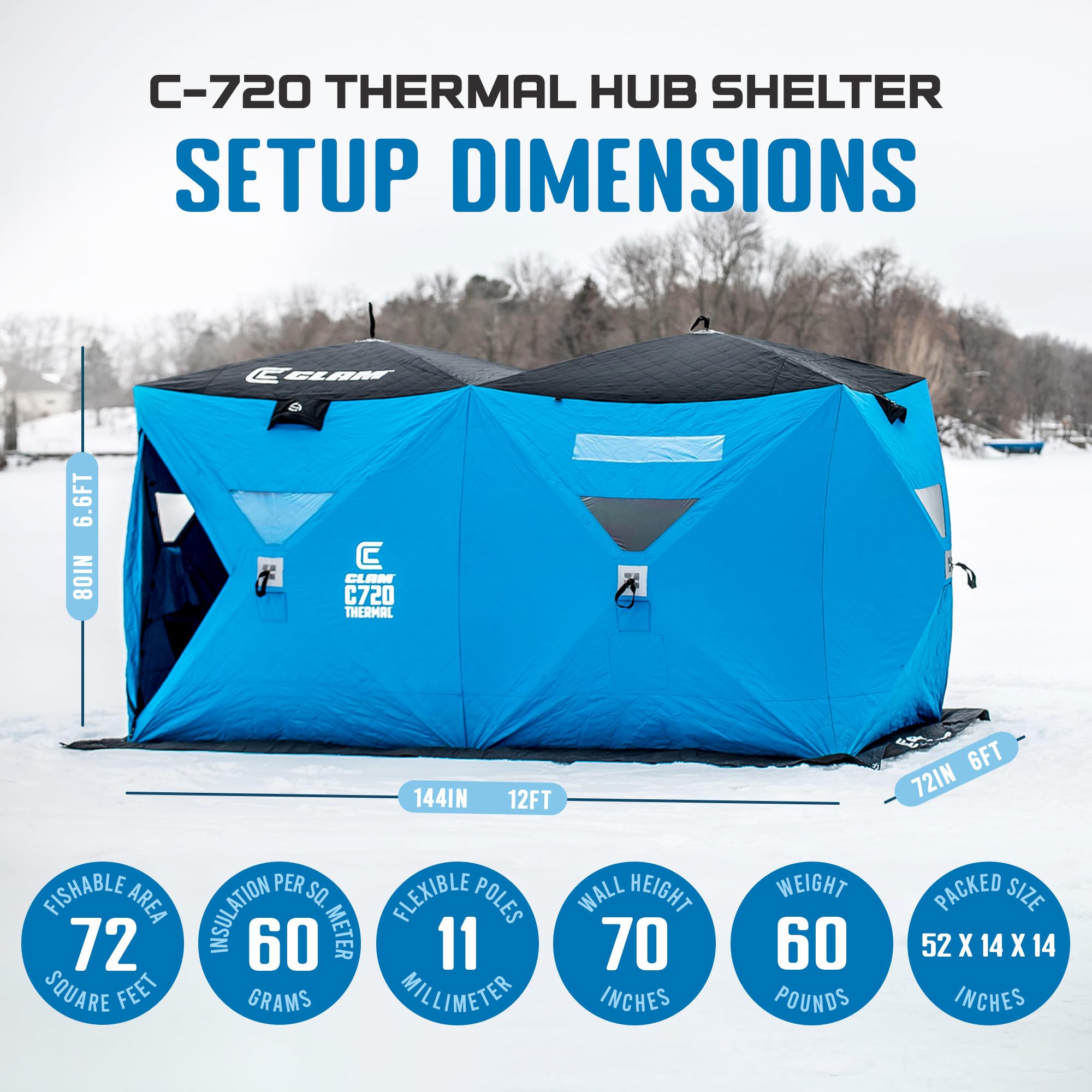 Clam C-720 Portable 2-6 Person 6 x 12 Foot Pop-Up Ice Fishing Angler Double Thermal Hub Shelter Tent with Anchors, Tie Ropes, and Carrying Bag