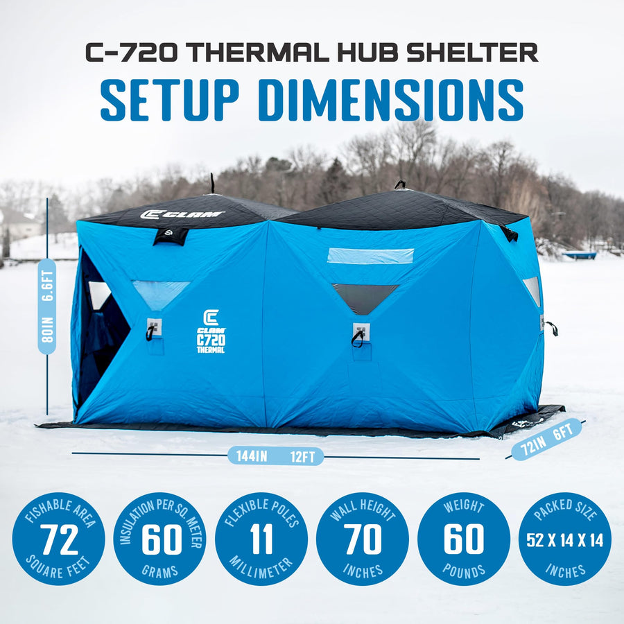 Clam C-720 Portable 2-6 Person 6 x 12 Foot Pop-Up Ice Fishing Angler Double Thermal Hub Shelter Tent with Anchors, Tie Ropes, and Carrying Bag