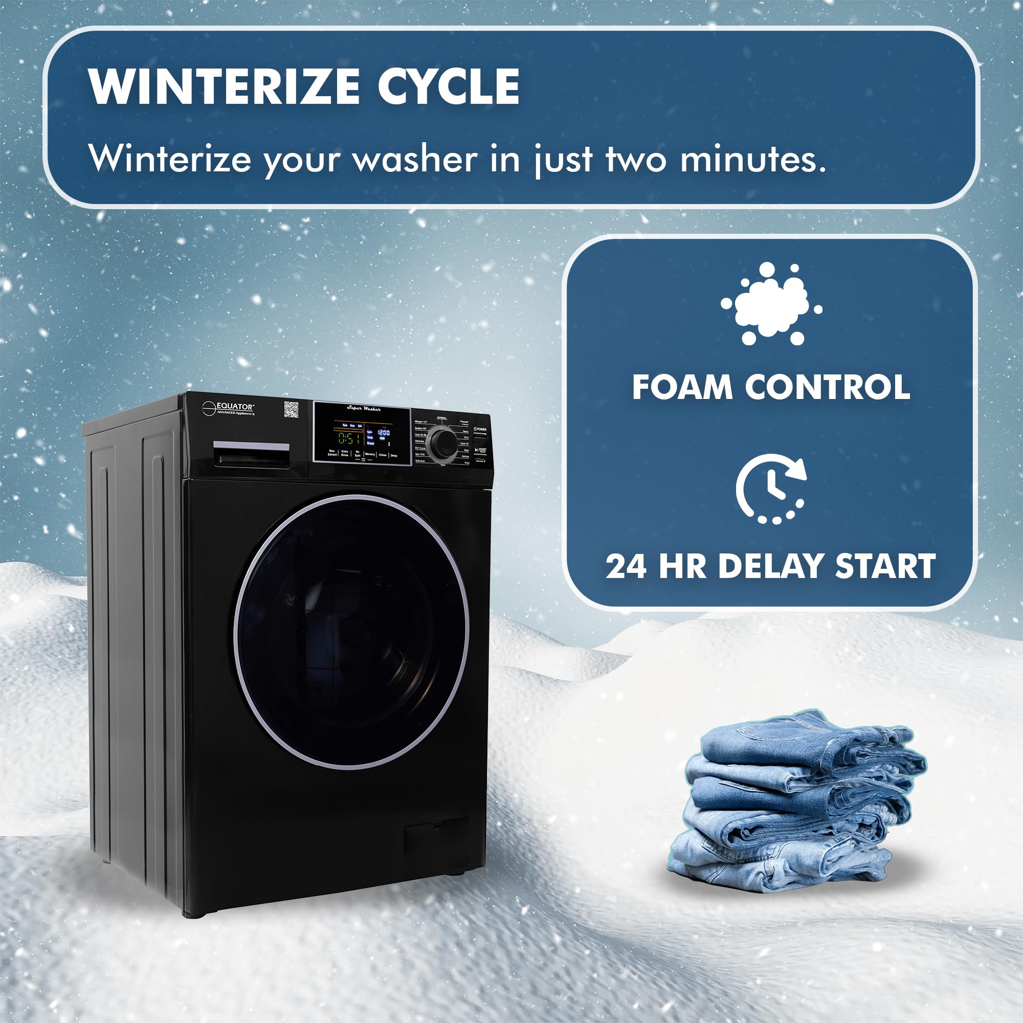 Compact Equator Washer 1.6cf/15lbs PET CYCLE 15 Programs 110V in Black