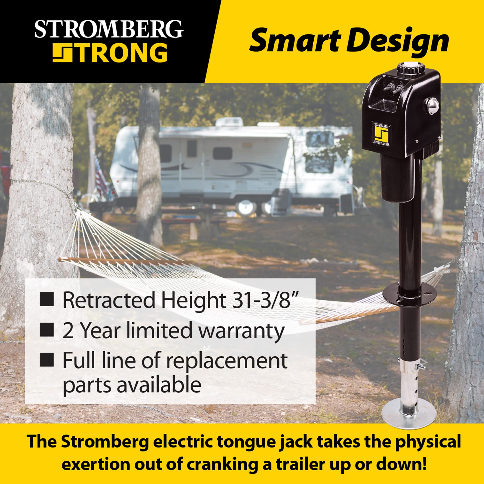 Stromberg Carlson Electric Tongue Jack JET-3755 - Heavy Duty Jack with Motor Protection, 18" Travel & 5" Drop Down Leg, Stabilizing, Leveling & Lifting RV, Camper, Utility Trailers, Black, 3500 lb