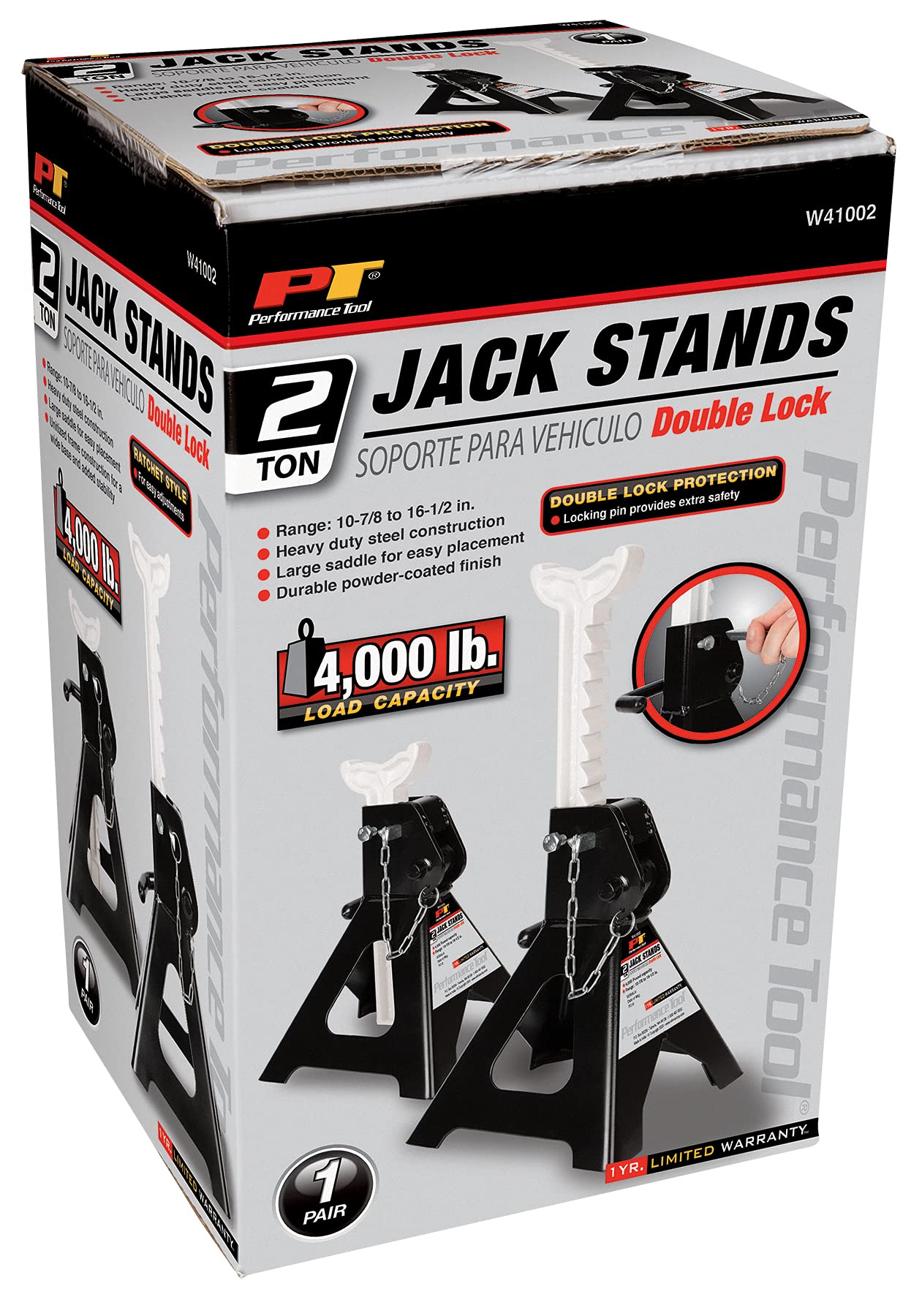 Heavy Duty Performance Tool W41002 Steel Jack Stands with Self-Locking Rachet and Double-Locking Pin, 2-Ton Capacity (Pair)