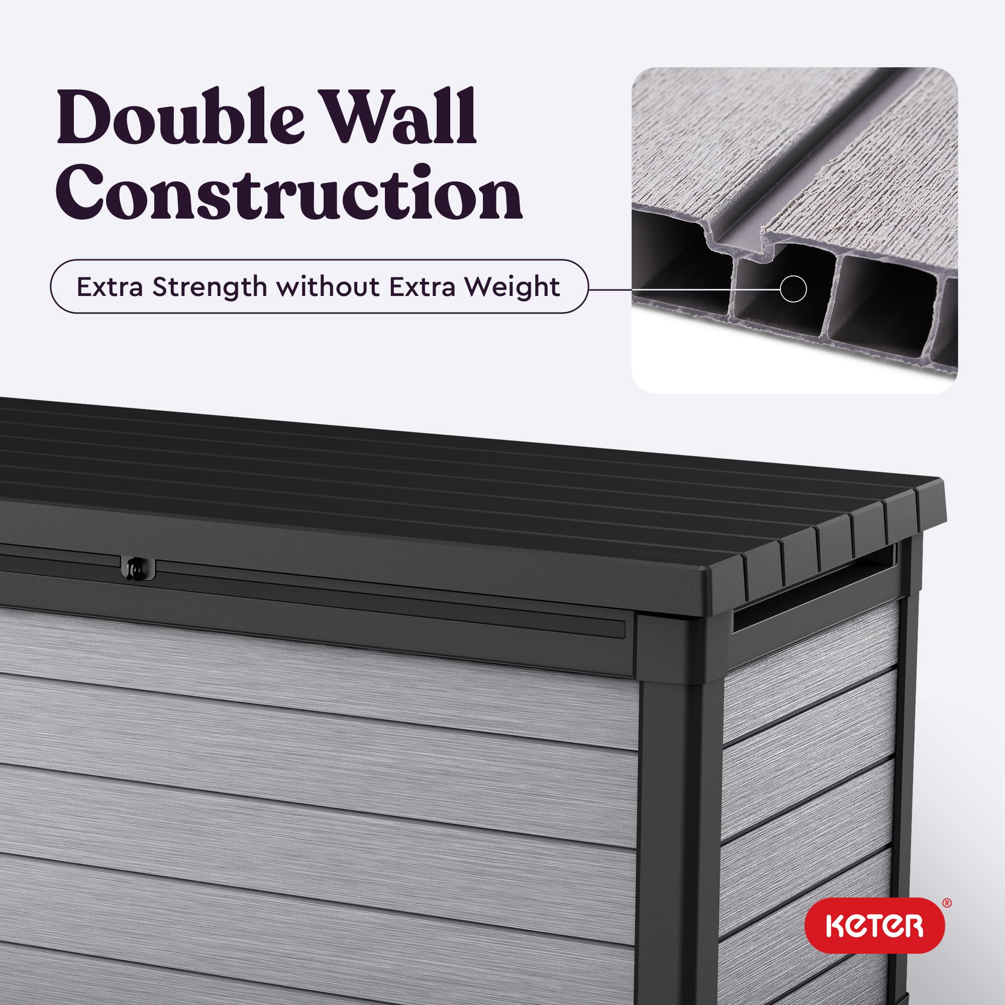 Keter 150 Gallon Denali Resin Large Deck Box with Double Wall 20mm Panels - Paintable and Drillable-Organization and Storage for Patio Furniture and Outdoor Items, Grey & Black