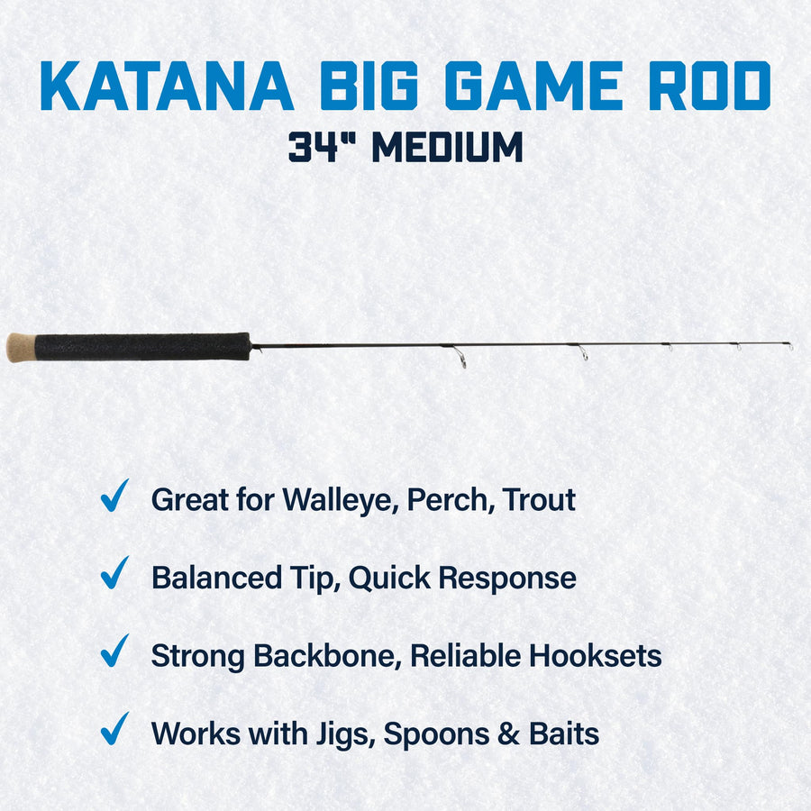 Katana Ice Fishing Rod CLAM – 34" Medium – 30T Solid Graphite Blank with Tsuka Lightweight Handle, Oversized Fly Guides & Carbon Construction – Durable, Lightweight Rod for Walleye, Perch & Game Fish