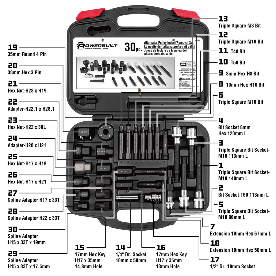 Powerbuilt Alternator Puller Kit, Car Engine & Vehicle Drive Trains Specialty Tools, Steering Pulley Installer, Spline Adapters, 30 Piece 647882
