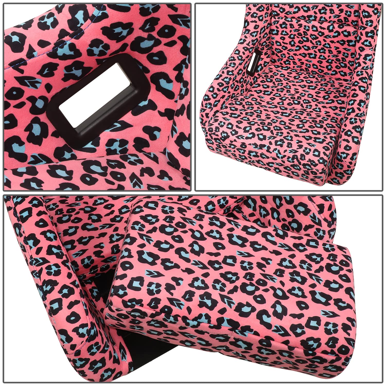 NRG Innovations Prisma FRP-302-PK-SAVAGE Fixed Back Bucket Racing Seat with Bottom Mount Bracket, Pink Savage Cheetah/White Pearl Back