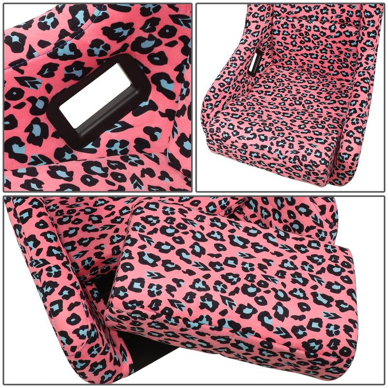 NRG Innovations Prisma FRP-302-PK-SAVAGE Fixed Back Bucket Racing Seat with Bottom Mount Bracket, Pink Savage Cheetah/White Pearl Back