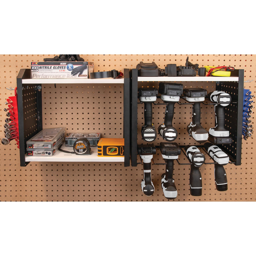 W7704 Performance Tool 17-in Five Level Power Tool Storage Rack: 200 lb Limit, 9-Gauge Solid Steel Frame, Baked on Powder Coat Finish with 1/4-in Peg Holes, For Garage/Home, Black/White
