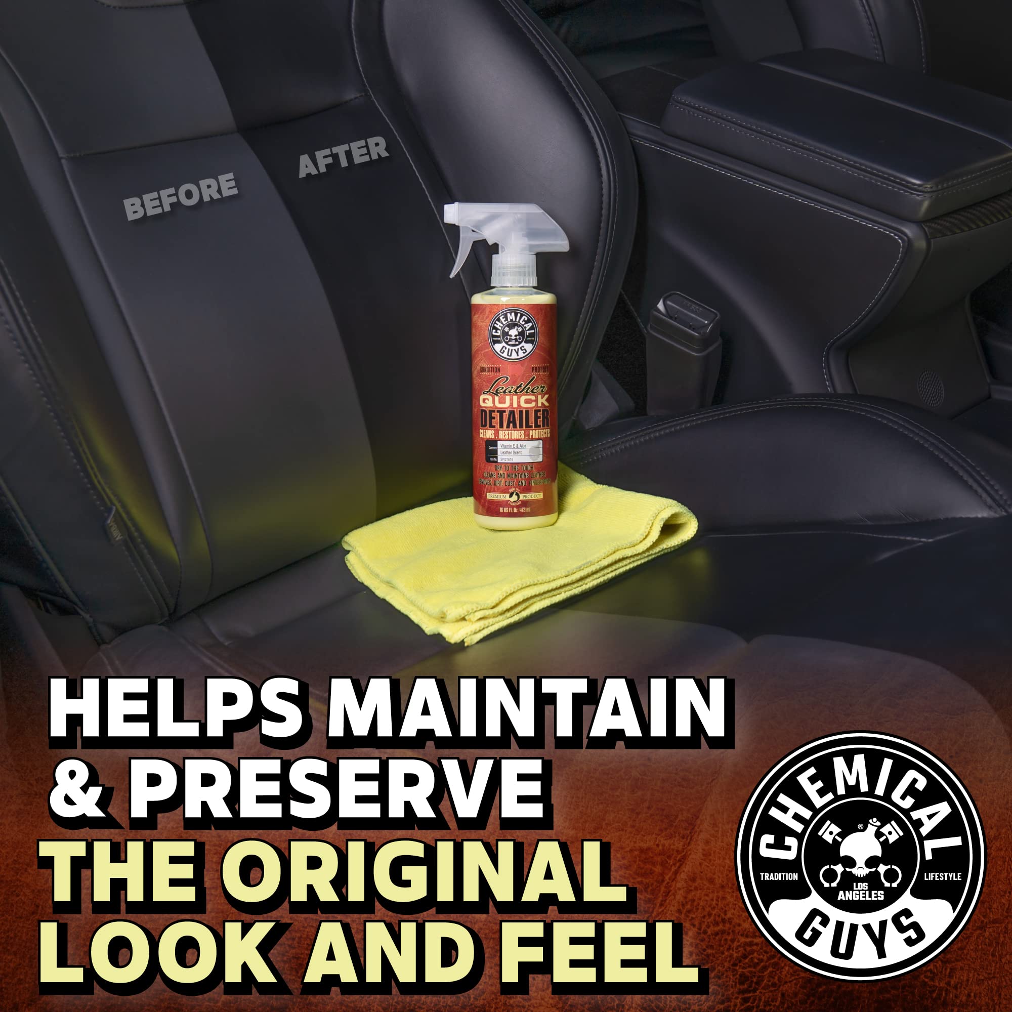 Leather Quick Detailer Chemical Guys - Interior Cleaner and Conditioner for Natural, Synthetic, Pleather, and More, Safe for Car Seats, Furniture, Apparel, Shoes & Boots, Leather Scented - 16 fl oz