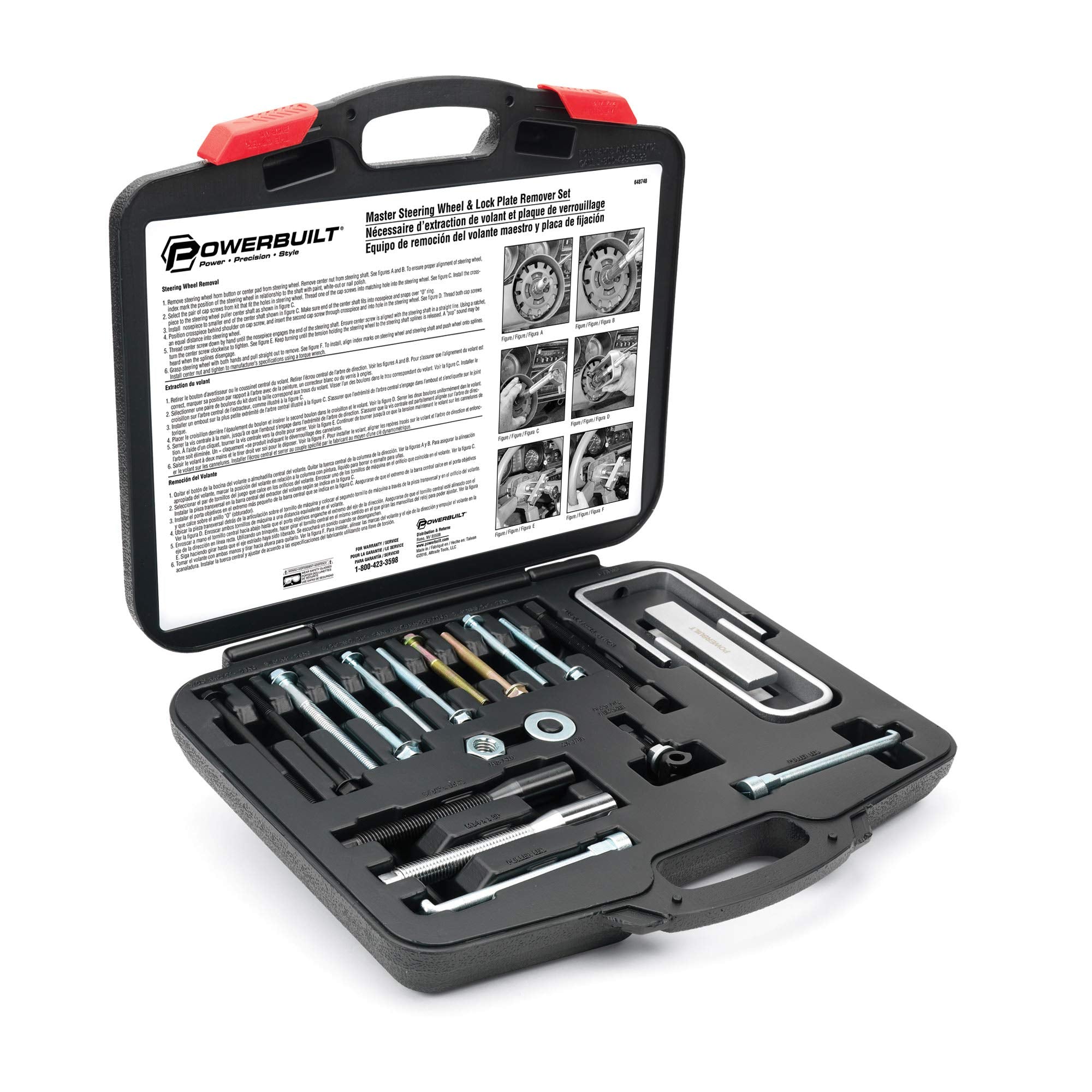 Powerbuilt Steering Wheel and Lock Plate Puller Kit Master, Foreign and Domestic Vehicles, 16 Piece Car Repair Tool Set - 648748
