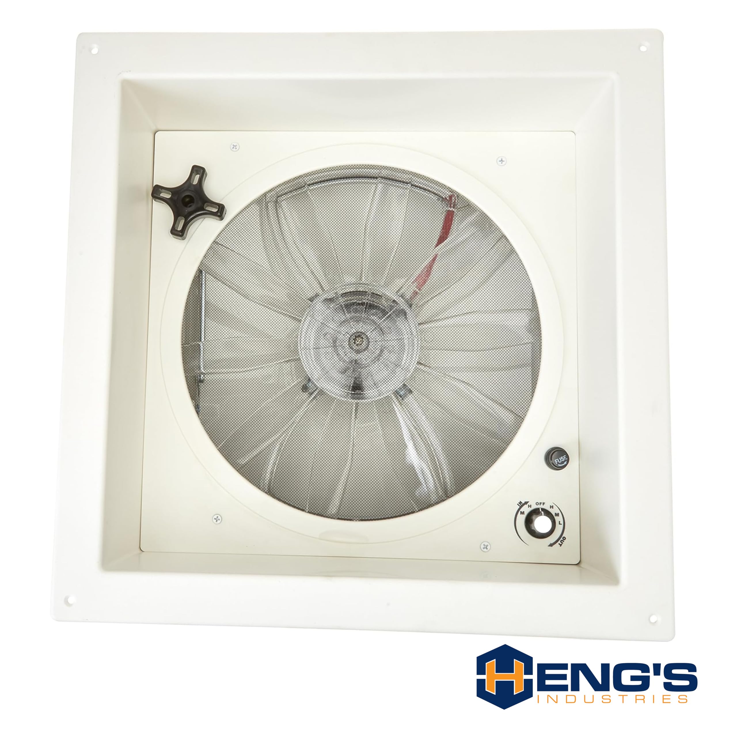 Zephyr RV HENG'S INDUSTRIES 14" Roof Vent Fan | White Lid | Manaul Crank | White Screen Frame, Collar, & 6" Square Garnish | SV1112-G4/71112V-G4