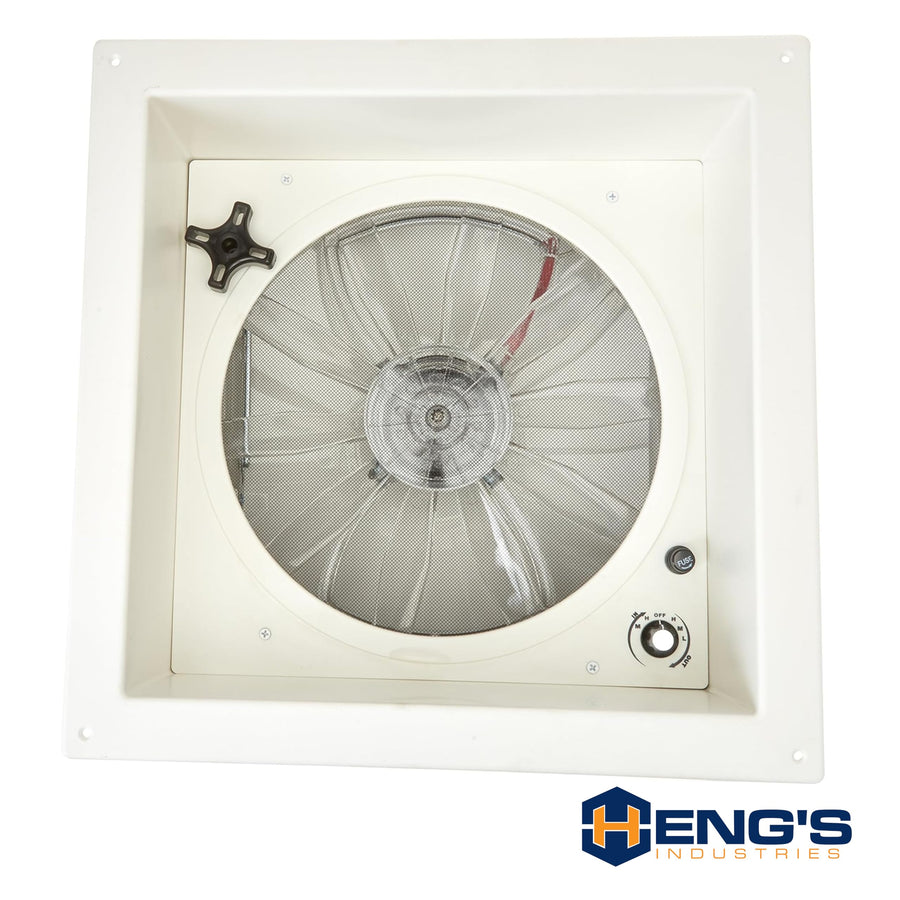 Zephyr RV HENG'S INDUSTRIES 14" Roof Vent Fan | White Lid | Manaul Crank | White Screen Frame, Collar, & 6" Square Garnish | SV1112-G4/71112V-G4