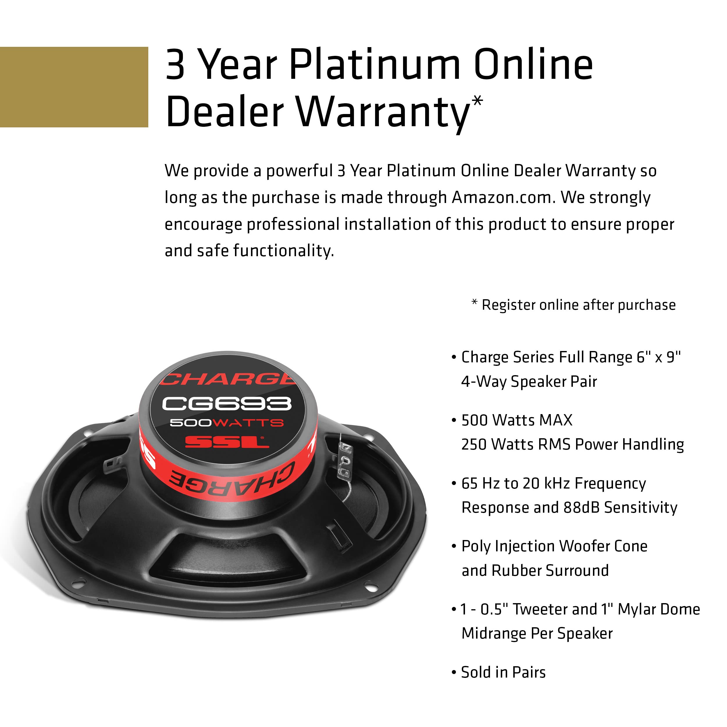 Sound Storm Laboratories Charge Series 6 x 9 Inch Car Door Stereo Speakers - 500 Watts Max, 3 Way, Full Range Audio, Coaxial, Tweeters, Sold in Pairs