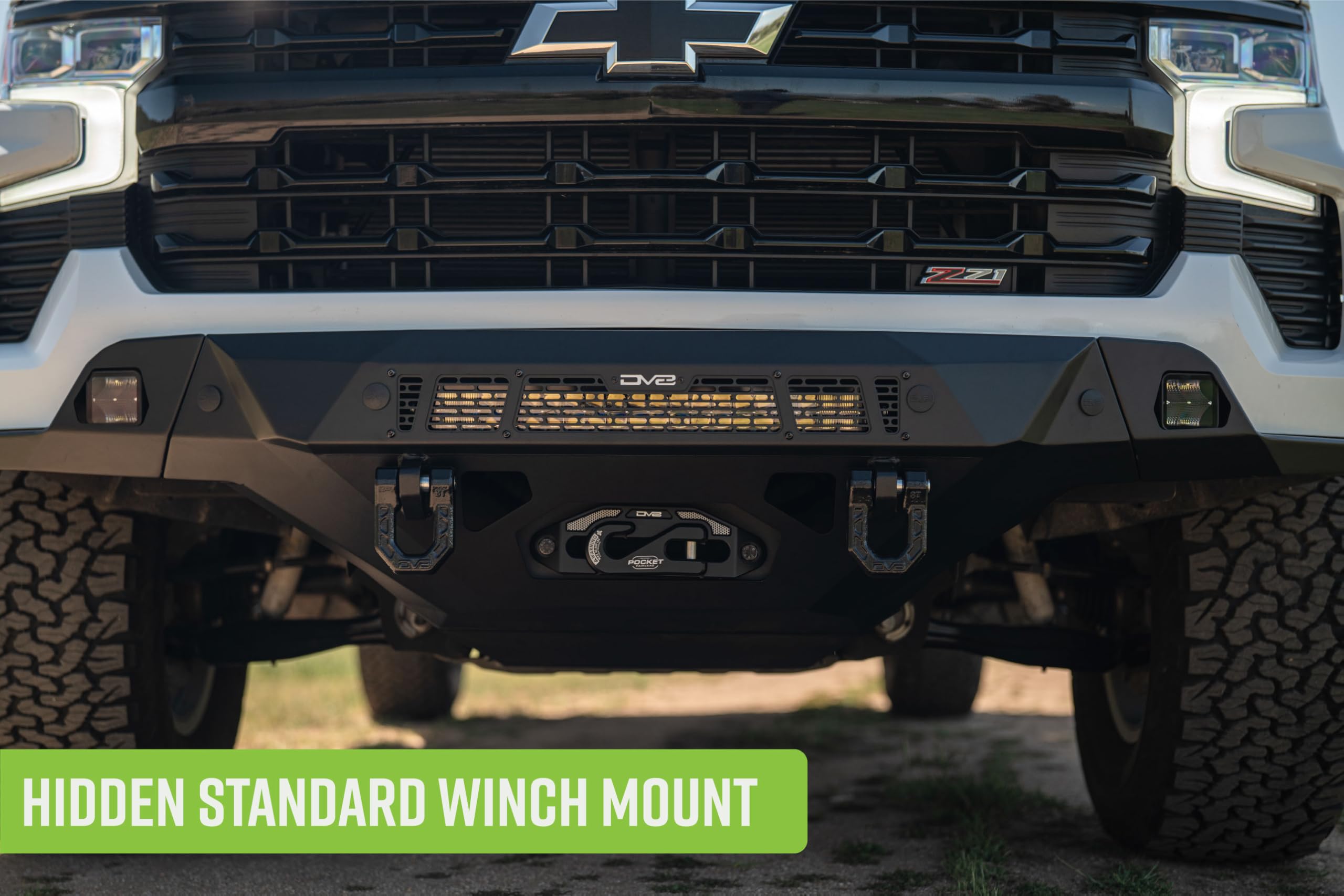 2022-2025 Chevy Silverado 1500 DV8 Offroad Spec Series Front Bumper | Low-Profile Fitment | Hidden Winch Mount | 20" Light Bar Mount | (2) Pod Light Mounts | Pair of D-Ring Mounts | Front Skid Plate