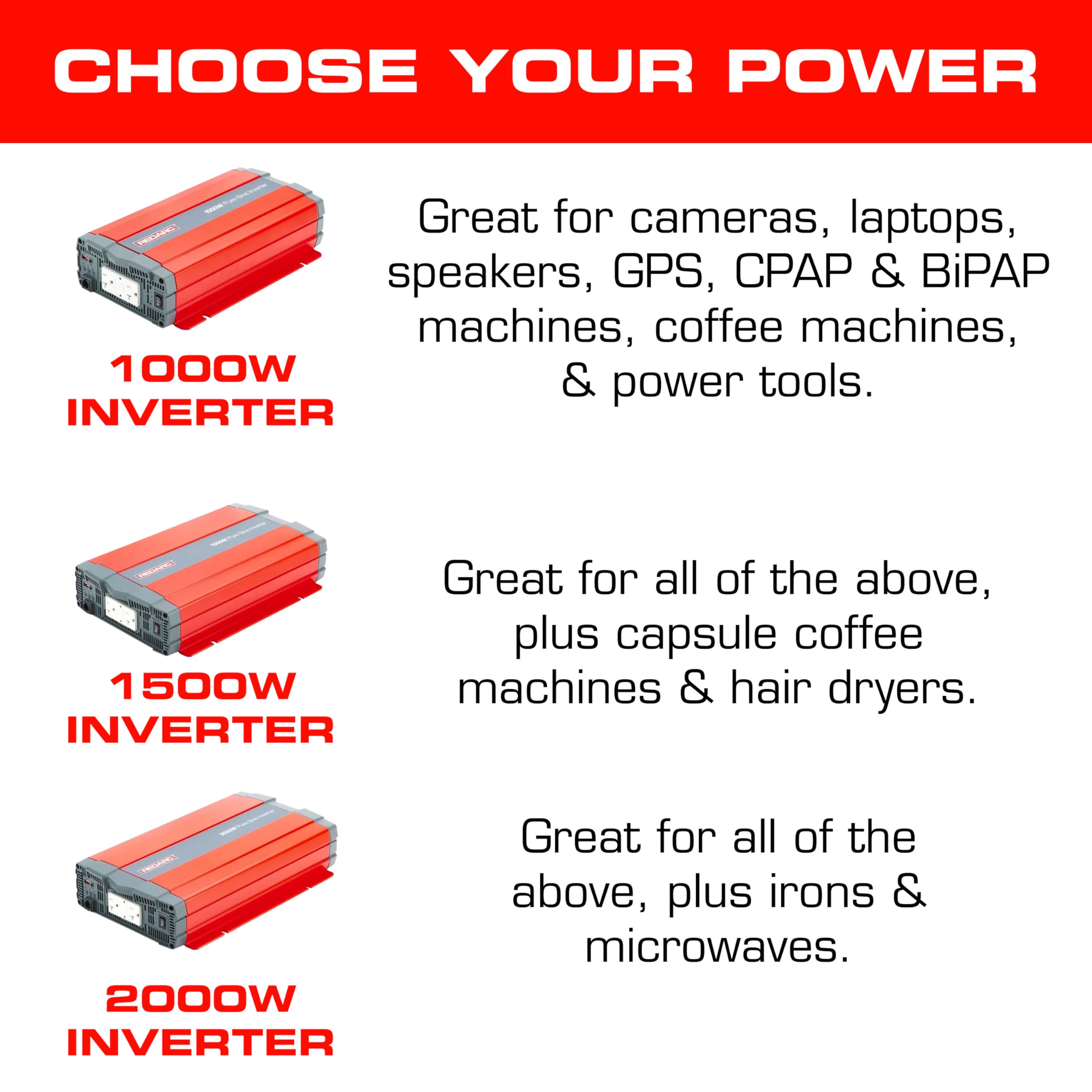 2000W REDARC Pure Sine Wave Inverter, 12V DC to 110 / 120V AC Power Converter, Portable Power Inverter, Connects to Car Battery System, Adapter for Camper, RV, Truck, Off-Grid Camping
