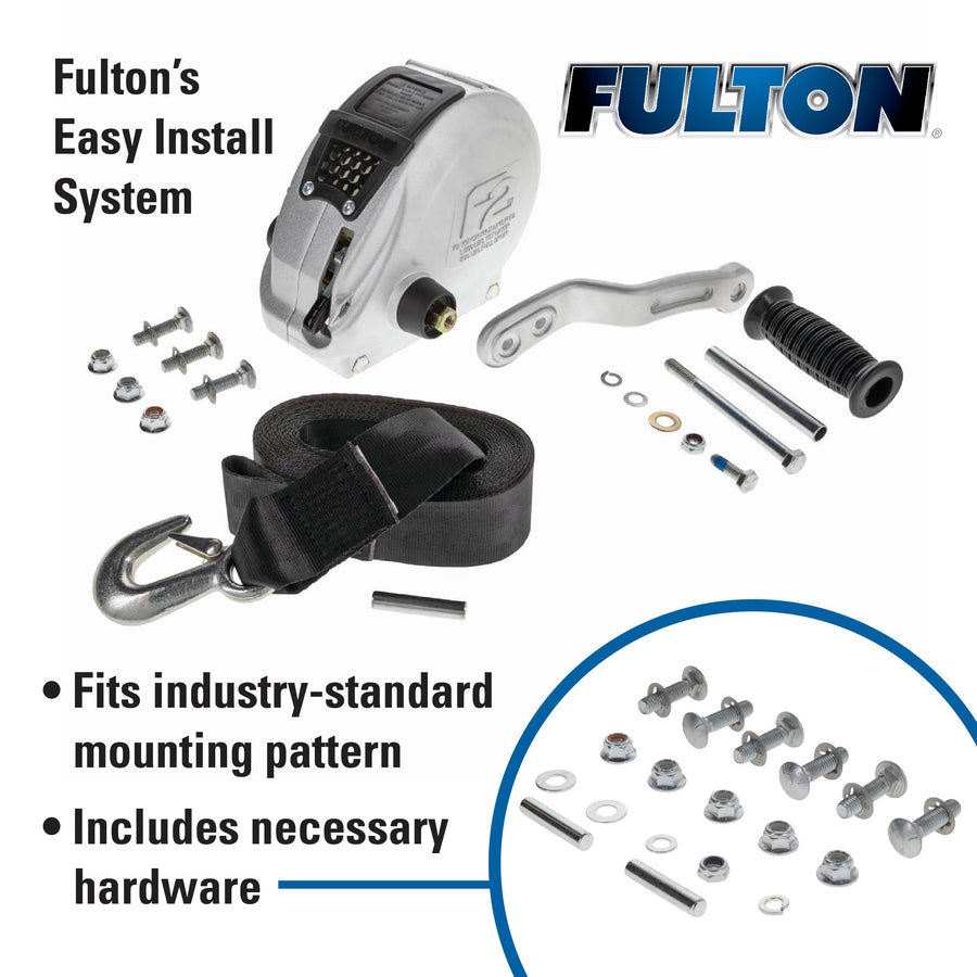 Fulton F2 Boat Trailer Winch with 20 Foot Winch Strap with Hook, Single-Speed Hand Crank Winch, 1,600 lbs. Capacity, Dual Gear Drum System