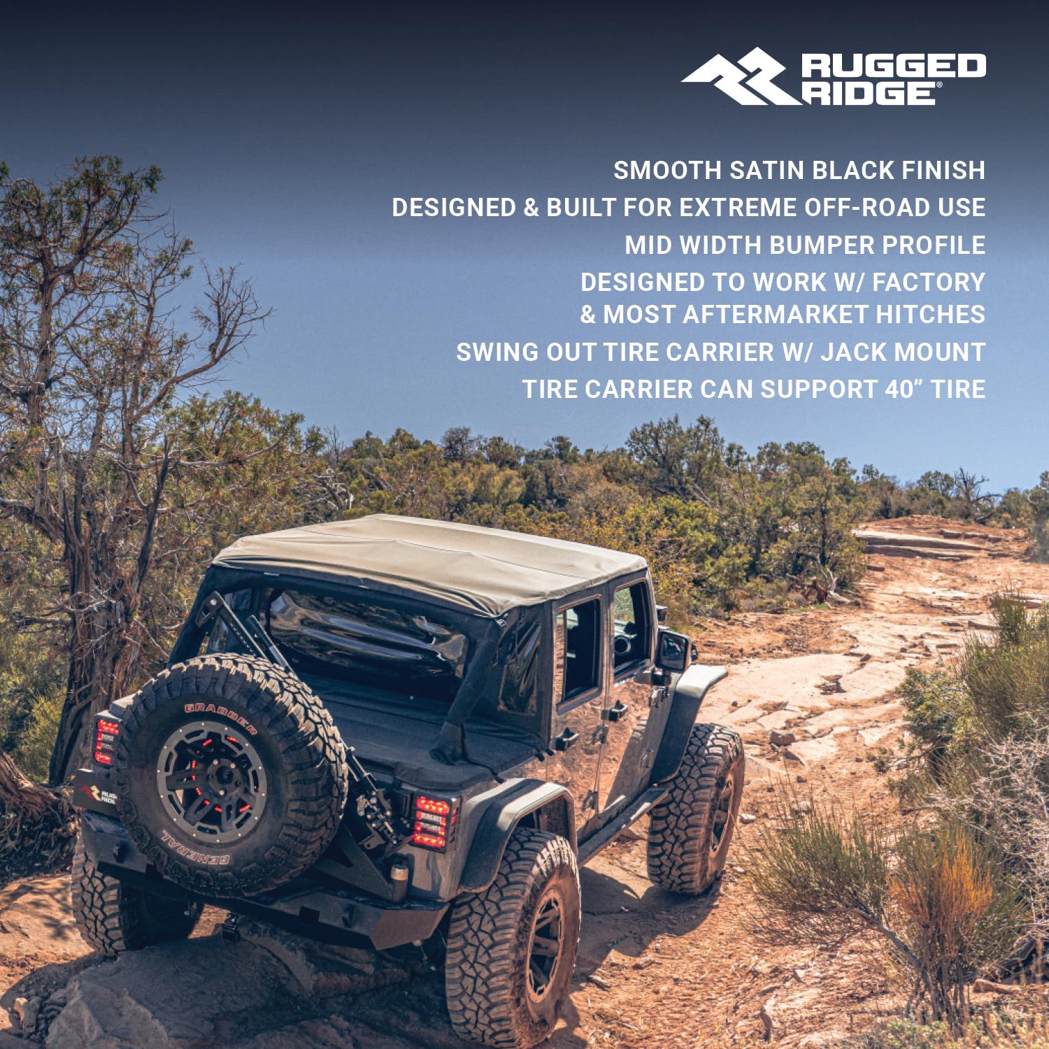 Rear Rugged Ridge XOR Bumper | Mid-Width w/Swing Out Tire Carrier, Steel, Satin Black | 11541.25 | Fits 2007-2018 Jeep Wrangler JK/JKU